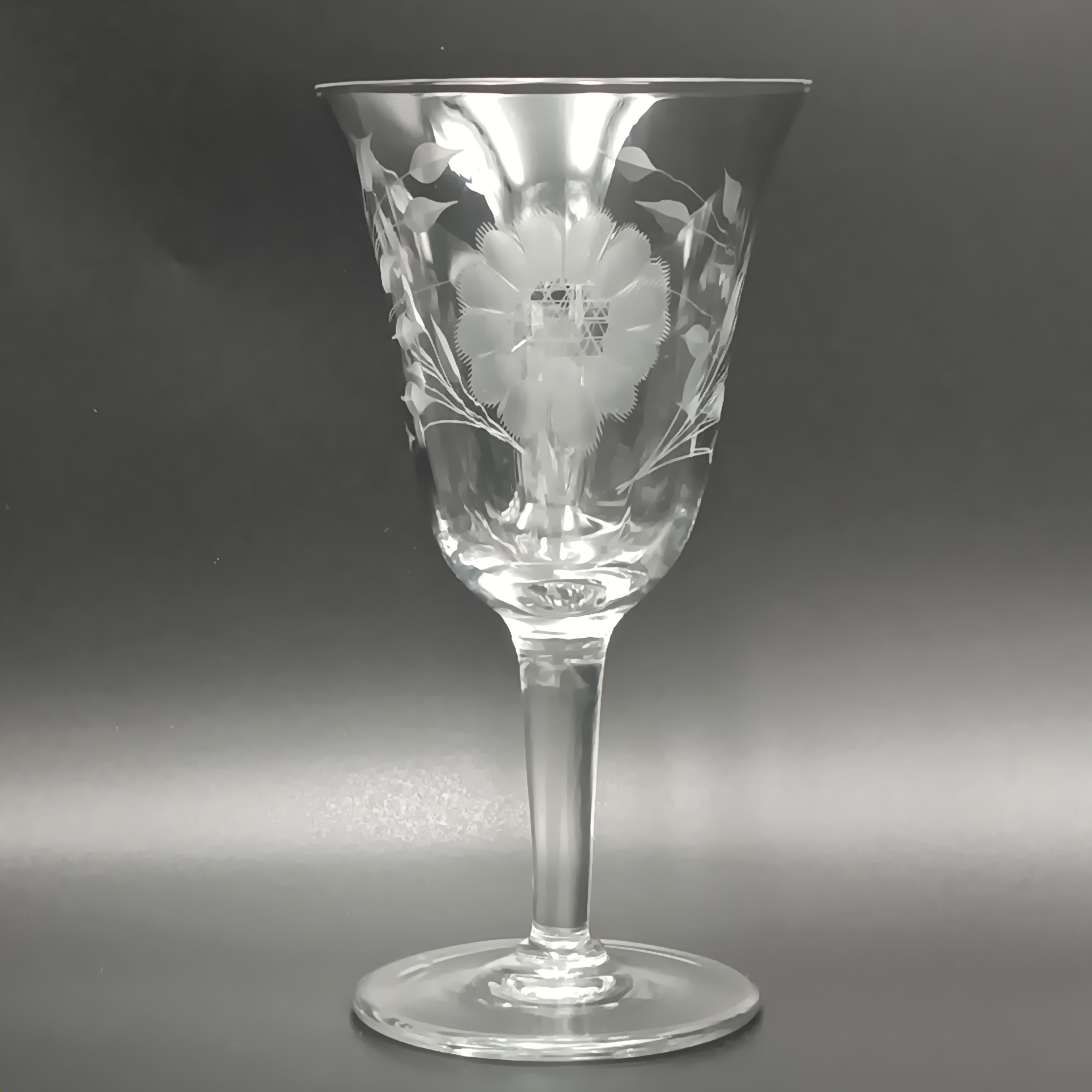 Vintage W J Hughes Cornflower crystal water goblet with smooth stem and hand-etched floral design