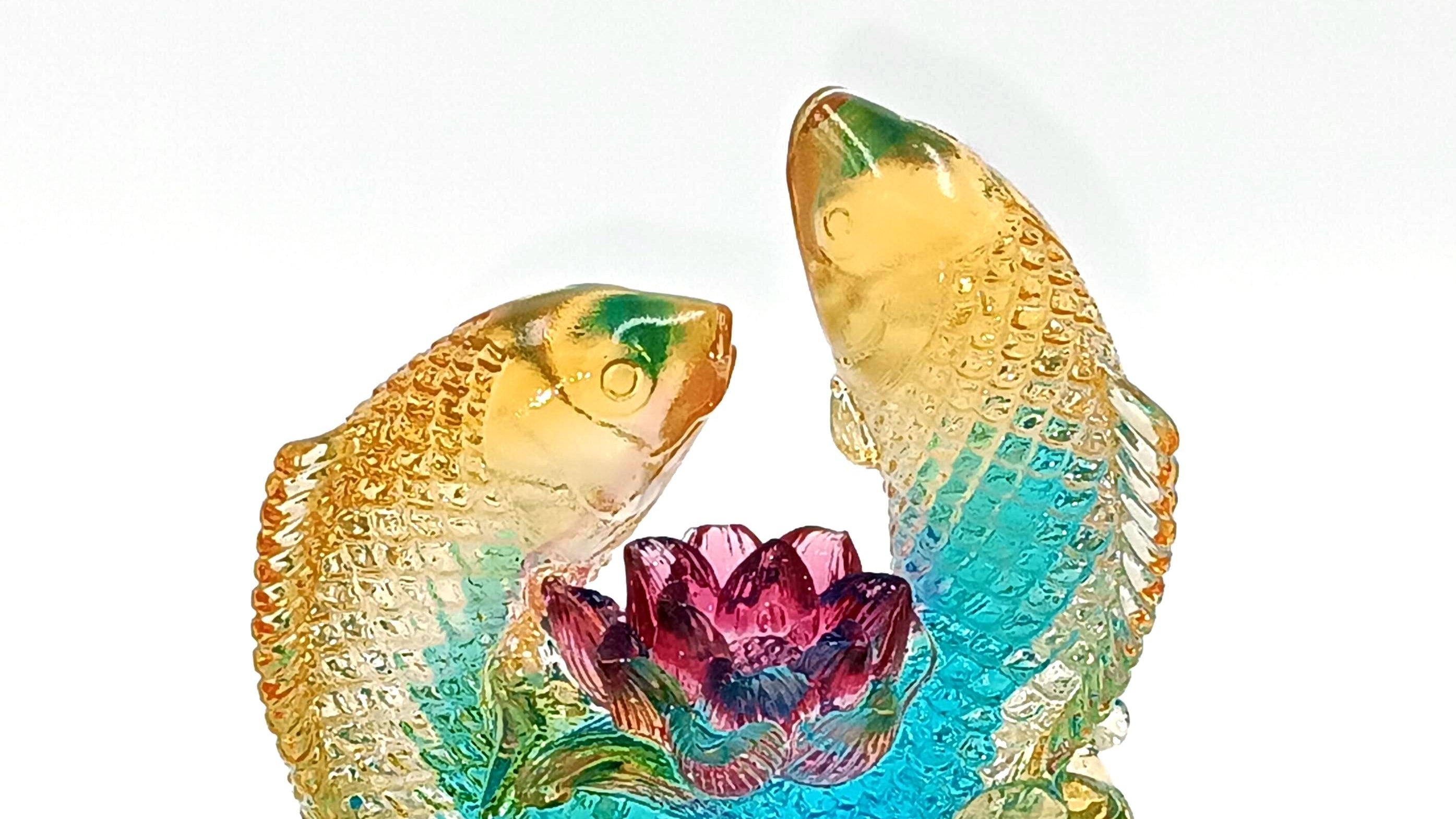 LIULI Crystal Art, Feng Shui, Koi Fish with Lotus Flower