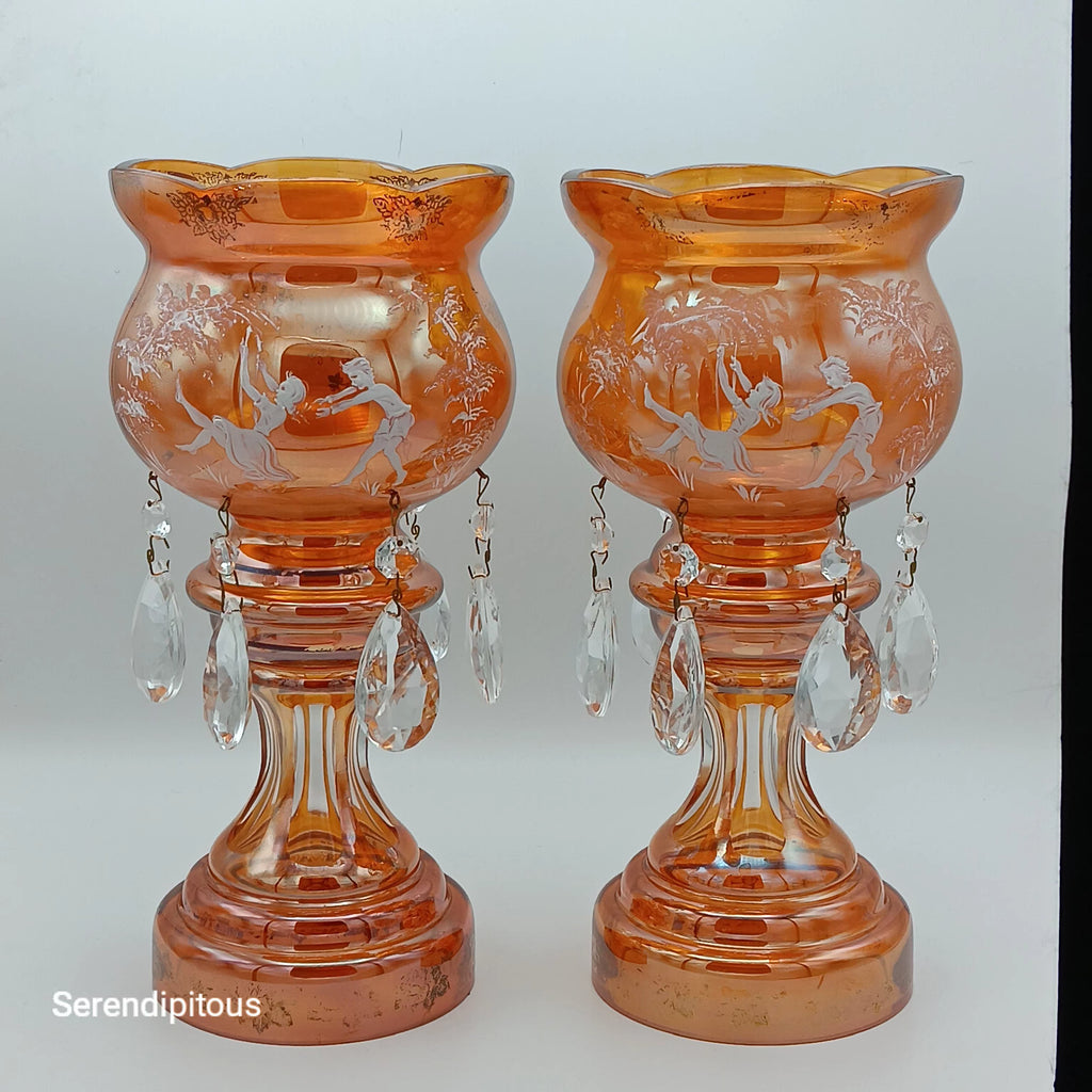 Mary Gregory Mantle Top Candle Holders – Amber Glass with Crystal Prisms