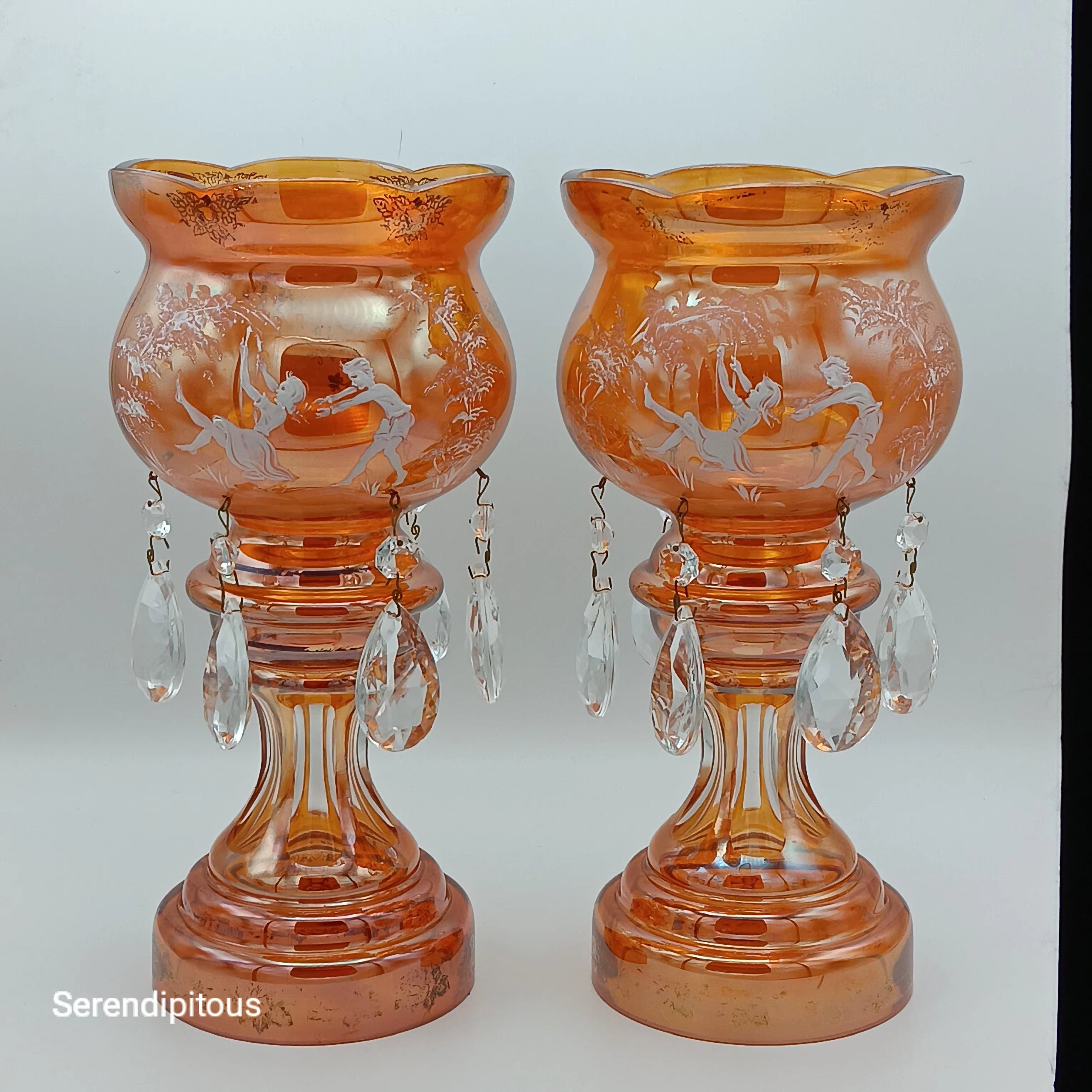 Mary Gregory Mantle Top Candle Holders – Amber Glass with Crystal Prisms