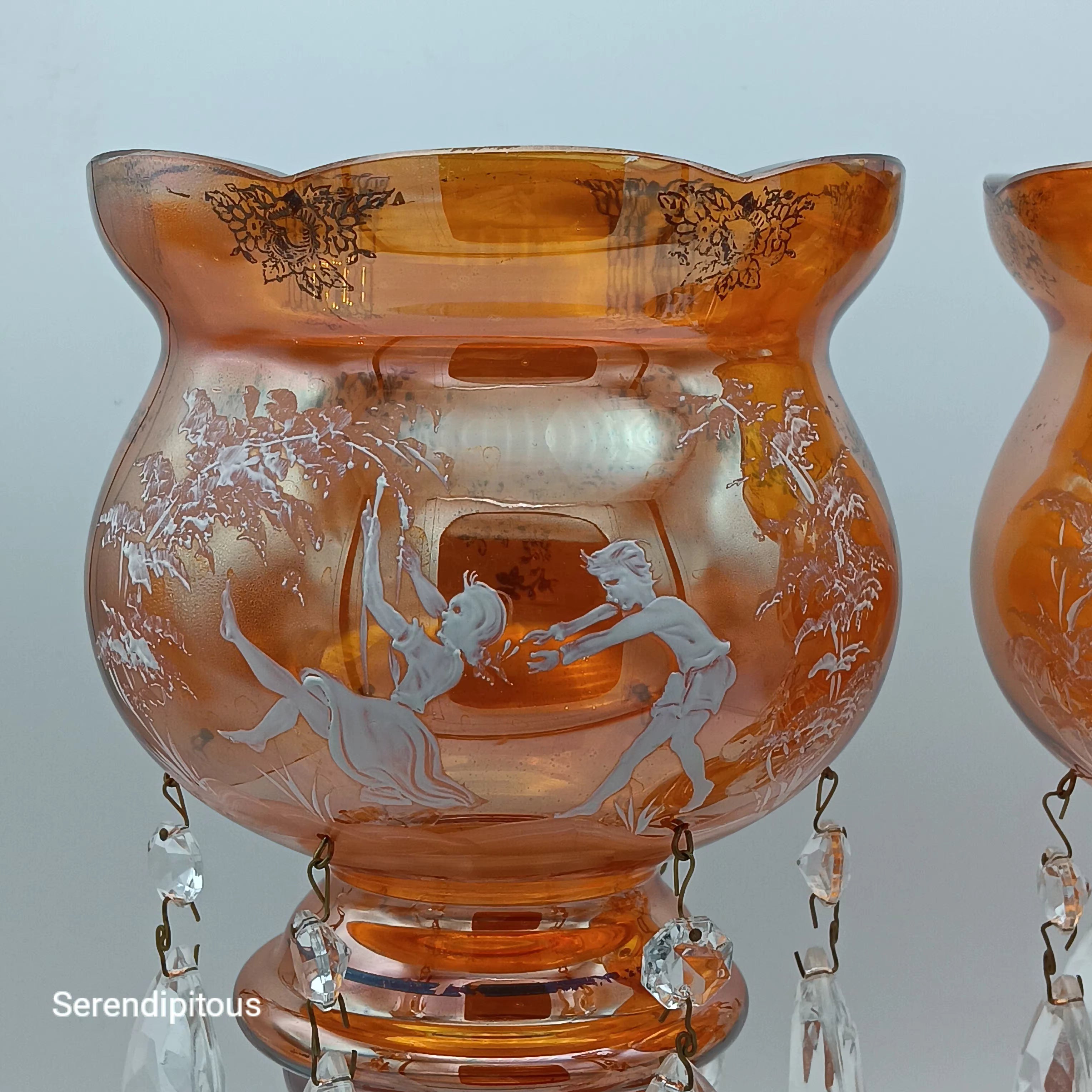Mary Gregory Mantle Top Candle Holders – Amber Glass with Crystal Prisms
