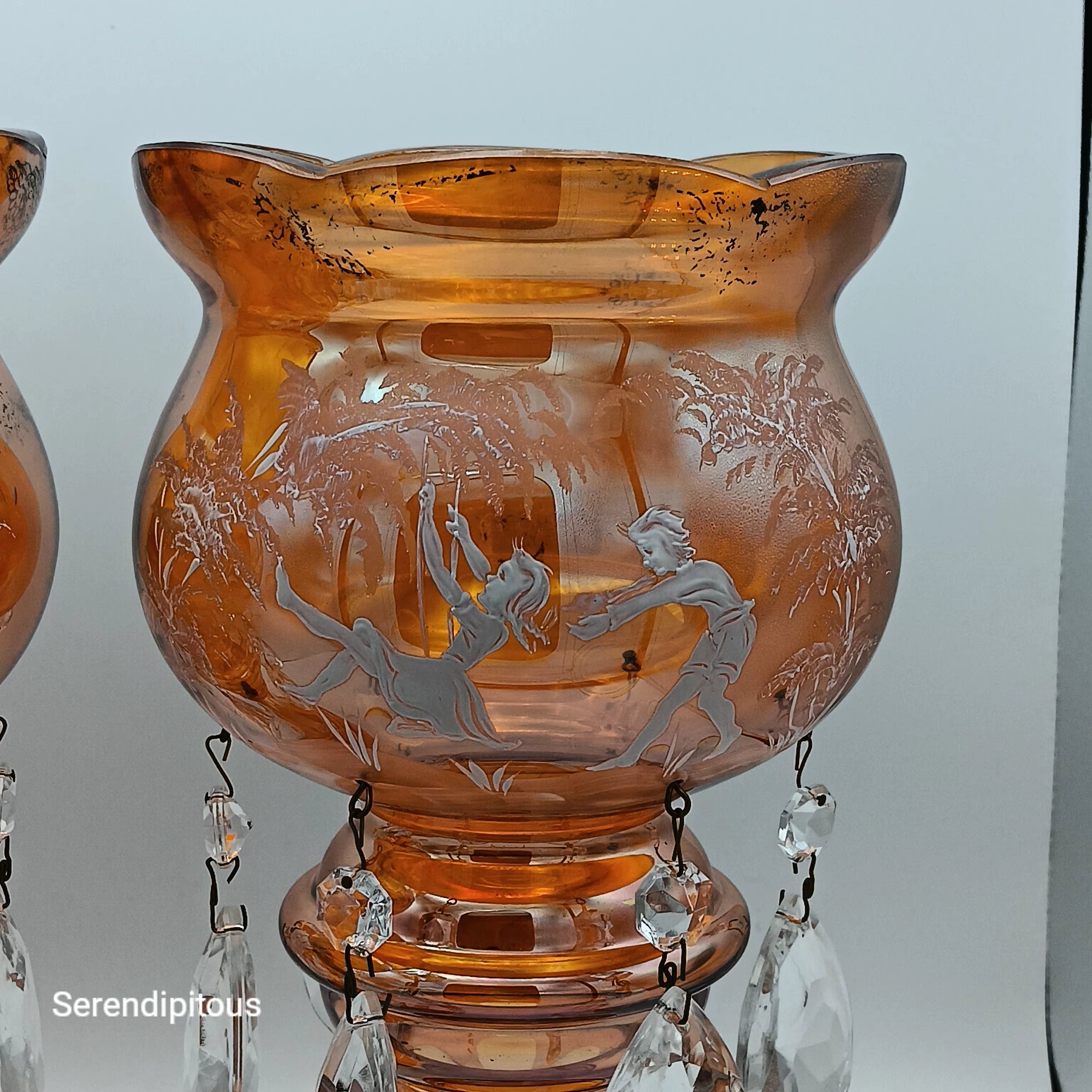 Mary Gregory Mantle Top Candle Holders – Amber Glass with Crystal Prisms