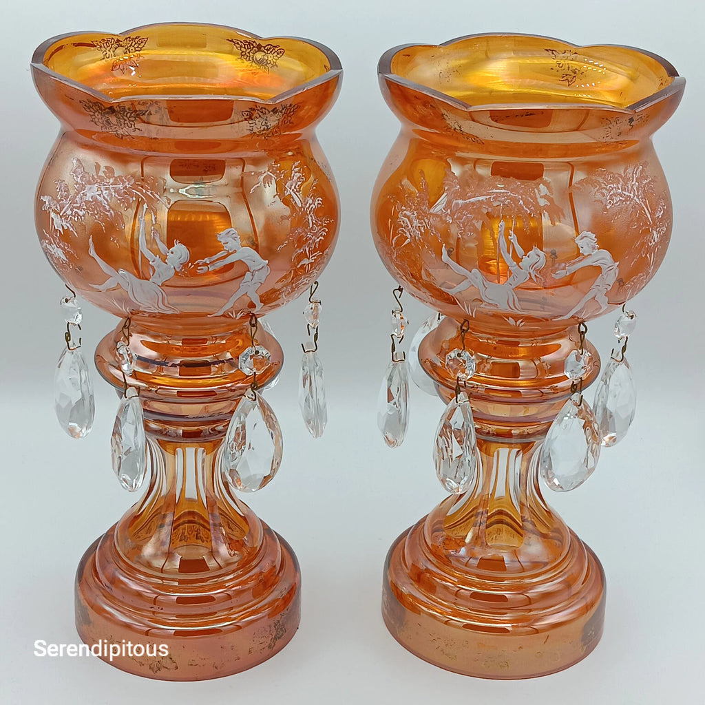 Mary Gregory Mantle Top Candle Holders – Amber Glass with Crystal Prisms