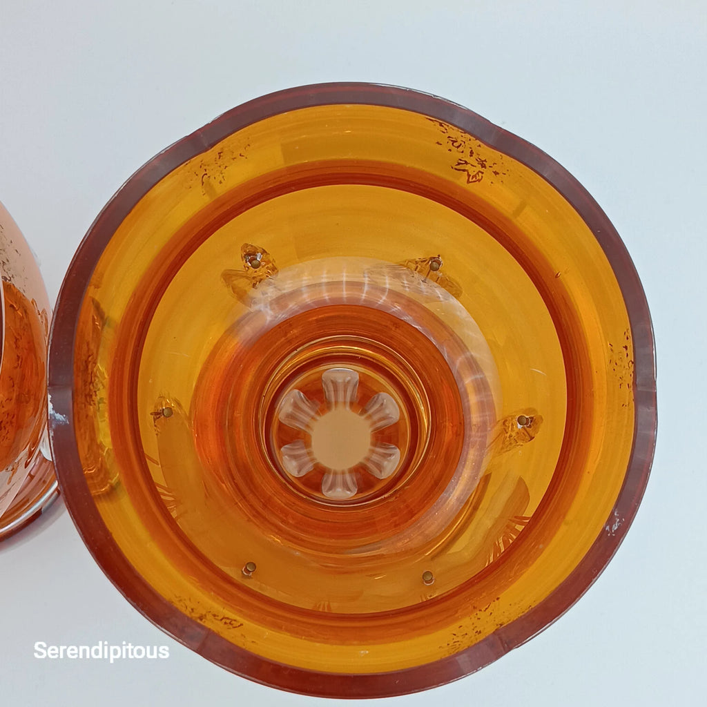 Mary Gregory Mantle Top Candle Holders – Amber Glass with Crystal Prisms
