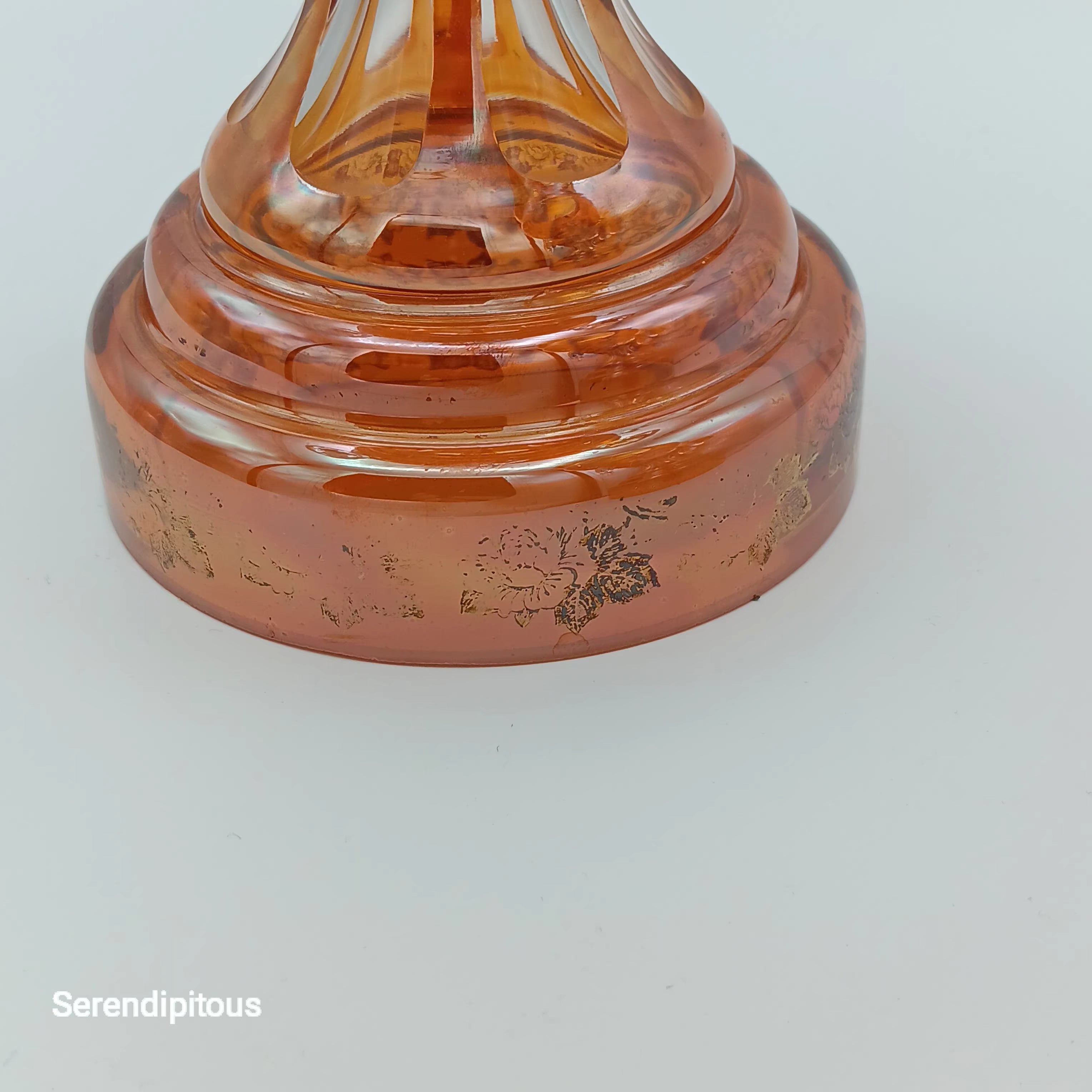 Mary Gregory Mantle Top Candle Holders – Amber Glass with Crystal Prisms