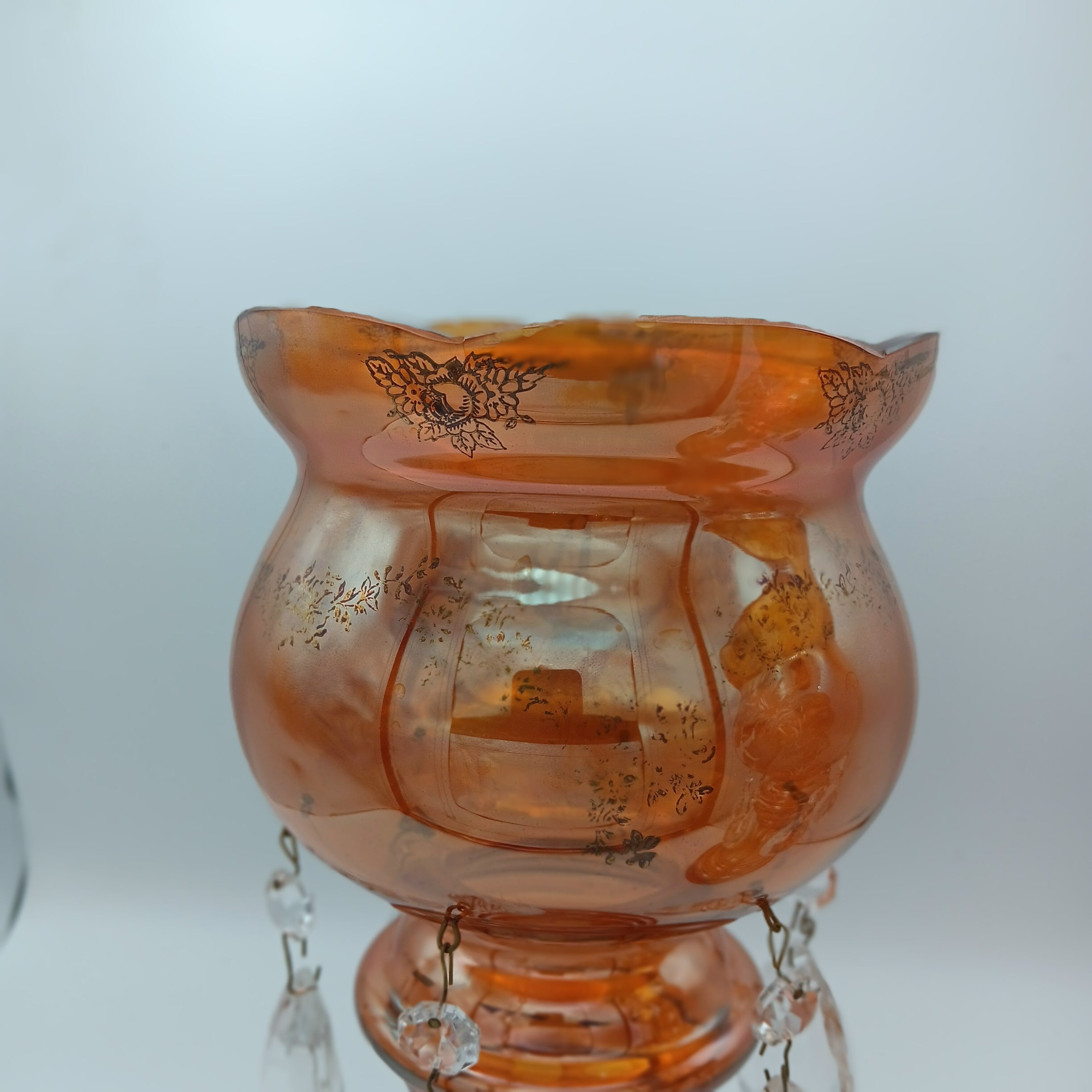 Mary Gregory Mantle Top Candle Holders – Amber Glass with Crystal Prisms