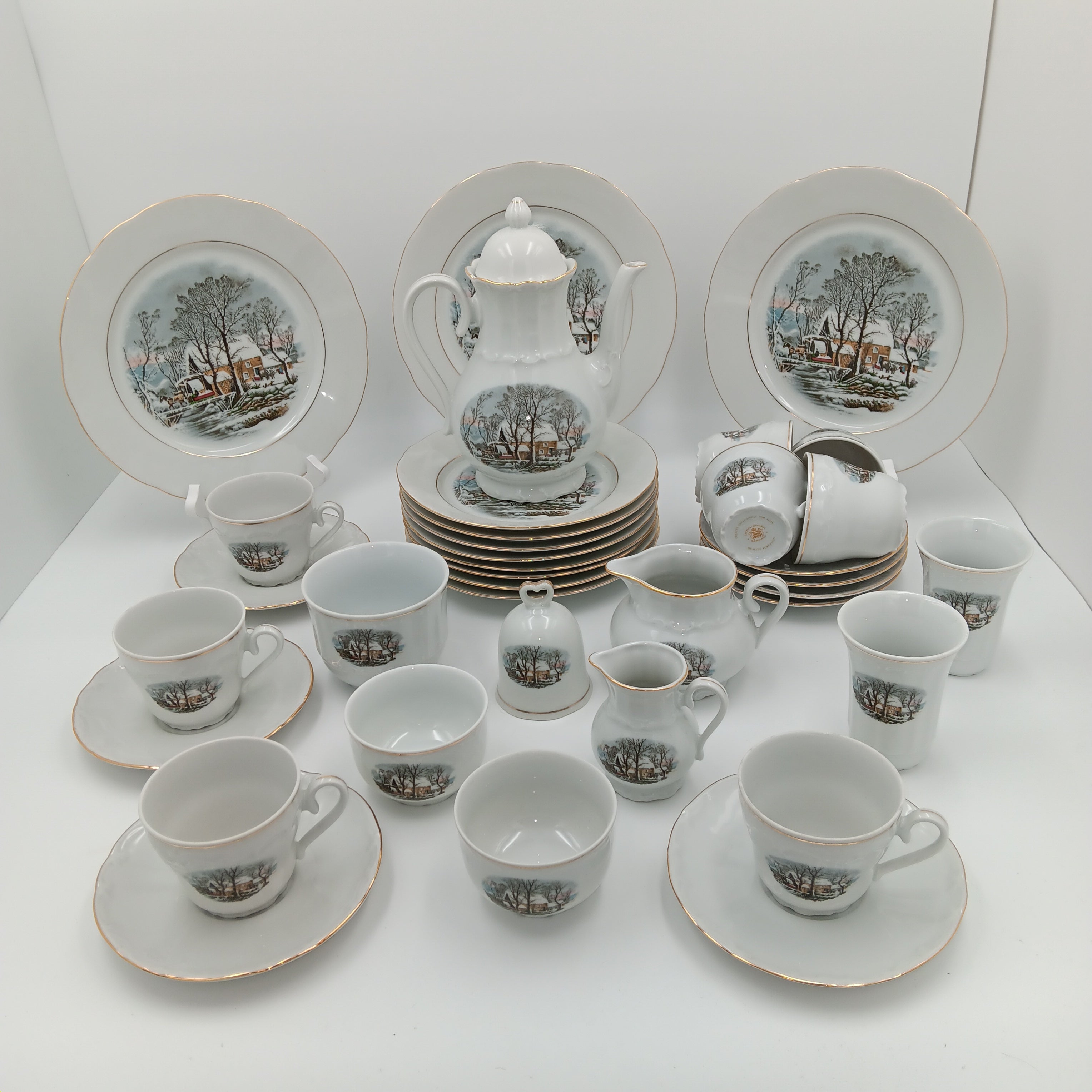 Avon Collector Tea Set – Crown Bavaria Winter Scene Grist Mill, Vintage Porcelain China