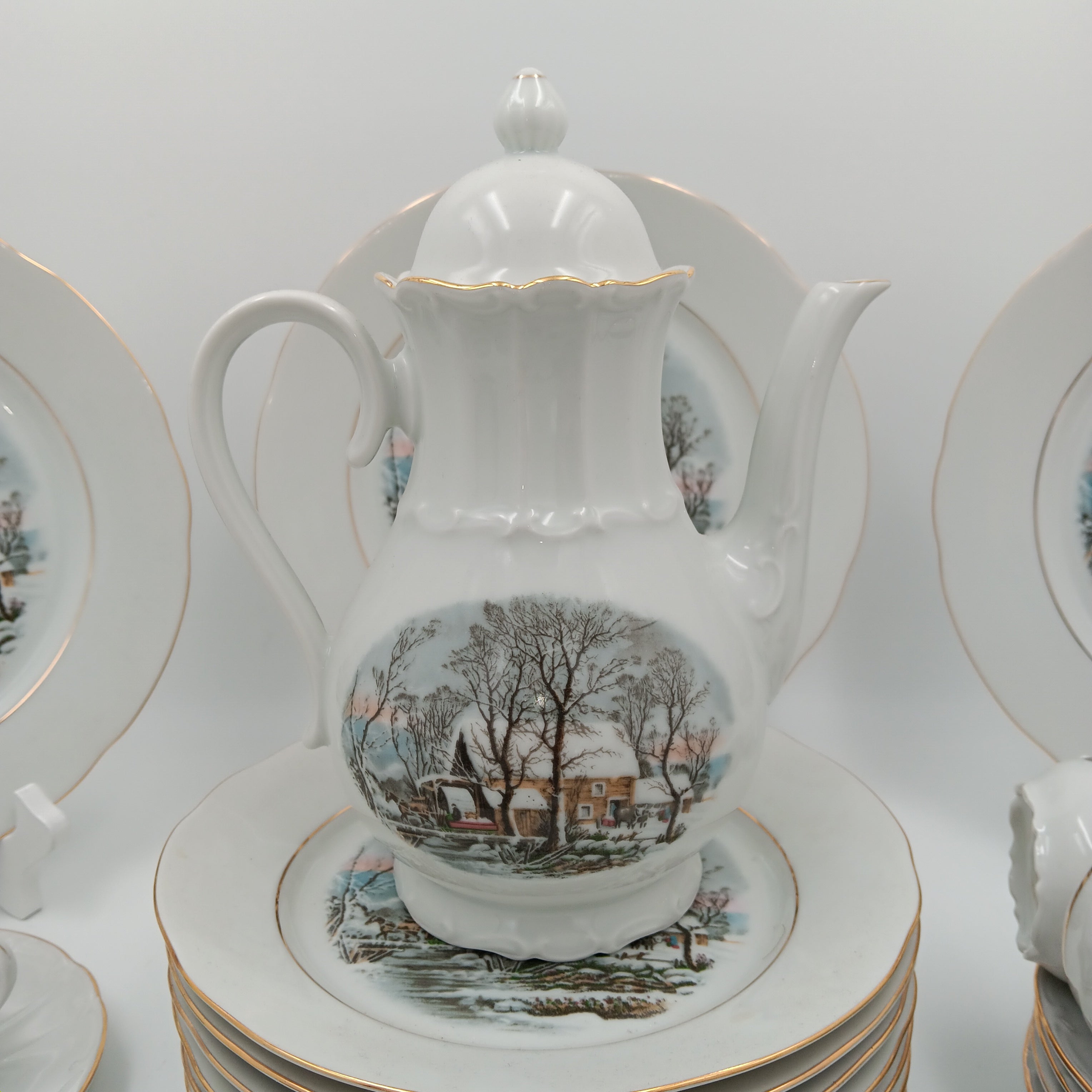 Avon Collector Tea Set – Crown Bavaria Winter Scene Grist Mill, Vintage Porcelain China