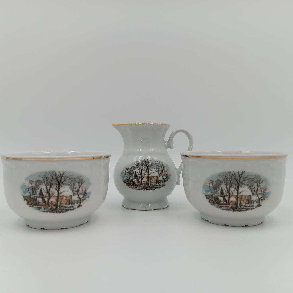 Avon Collector Tea Set – Crown Bavaria Winter Scene Grist Mill, Vintage Porcelain China