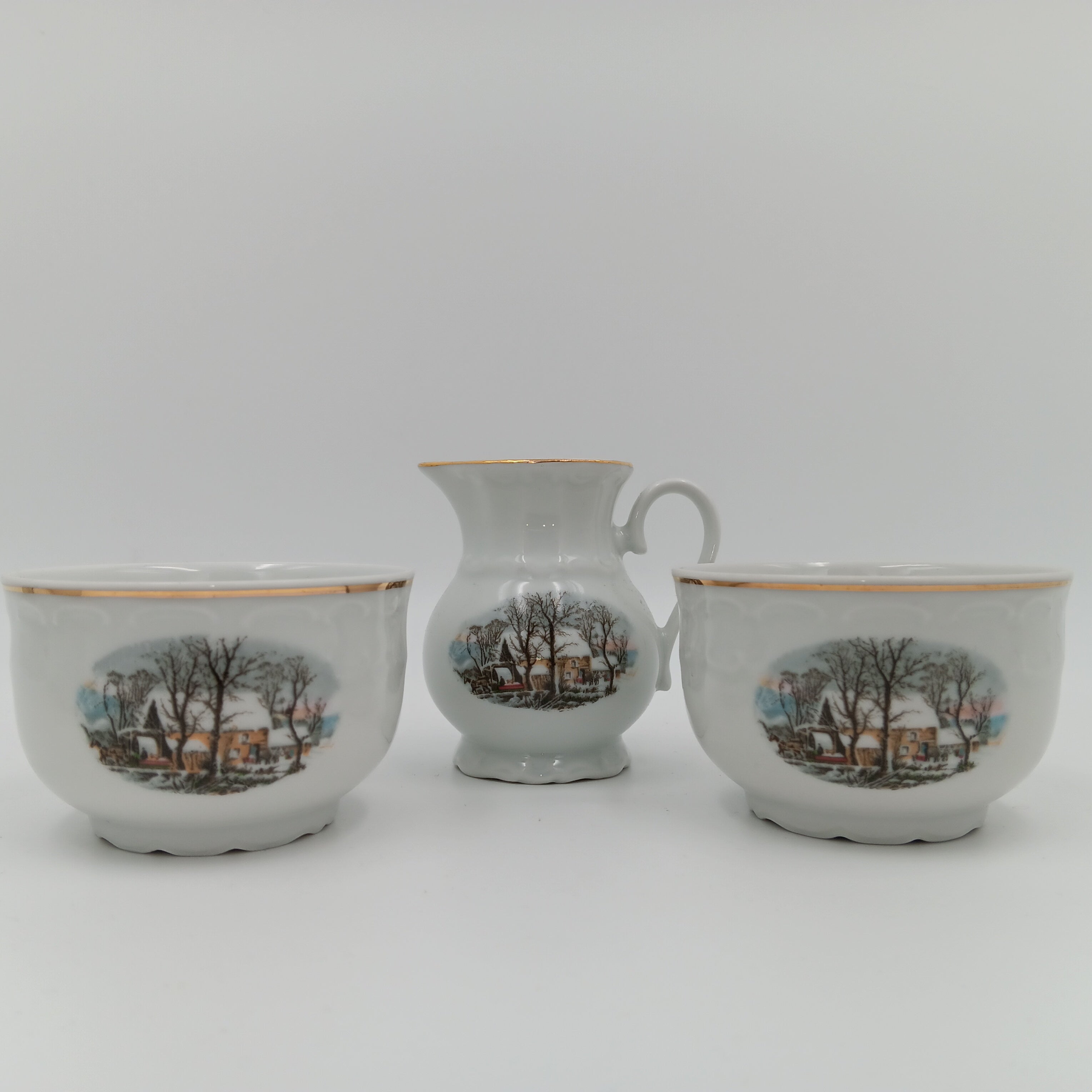 Avon Collector Tea Set – Crown Bavaria Winter Scene Grist Mill, Vintage Porcelain China