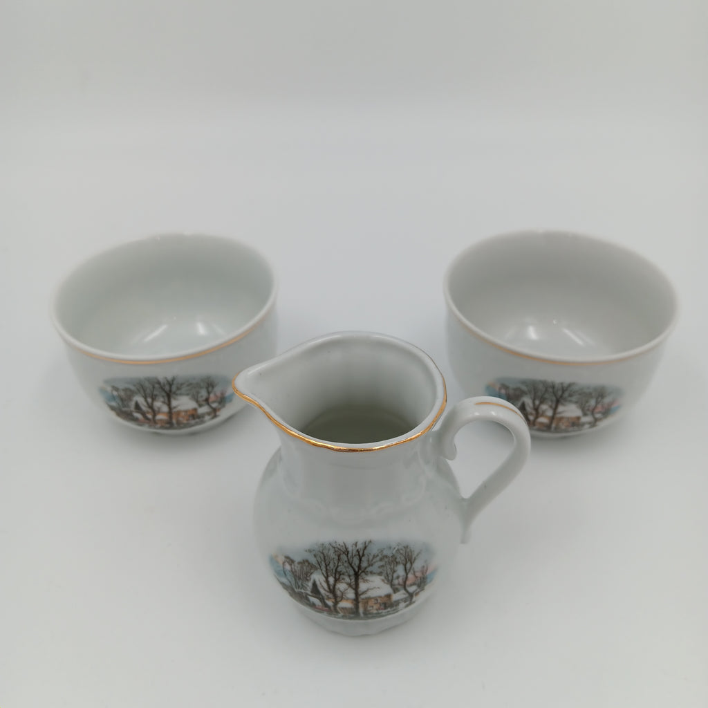 Avon Collector Tea Set – Crown Bavaria Winter Scene Grist Mill, Vintage Porcelain China