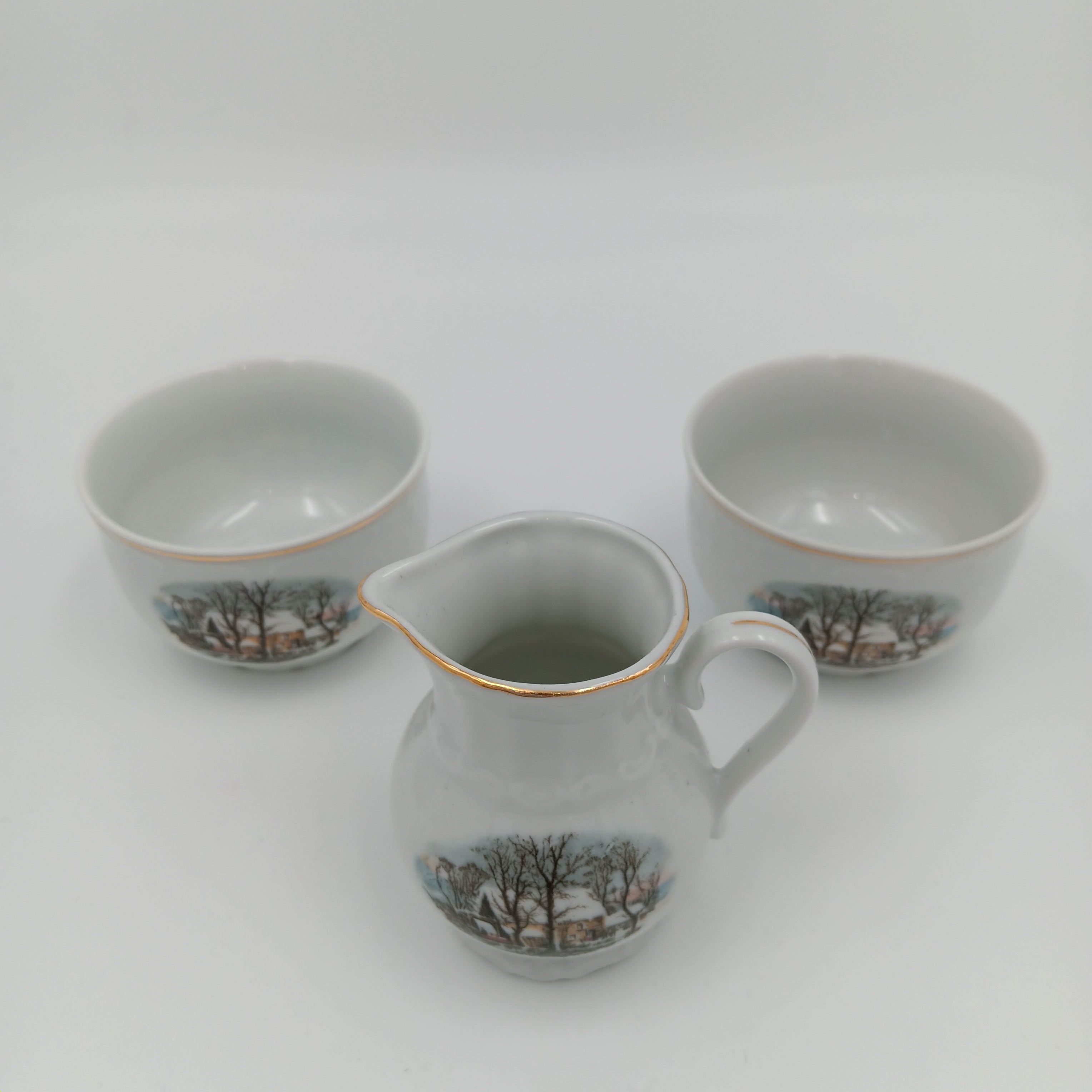 Avon Collector Tea Set – Crown Bavaria Winter Scene Grist Mill, Vintage Porcelain China