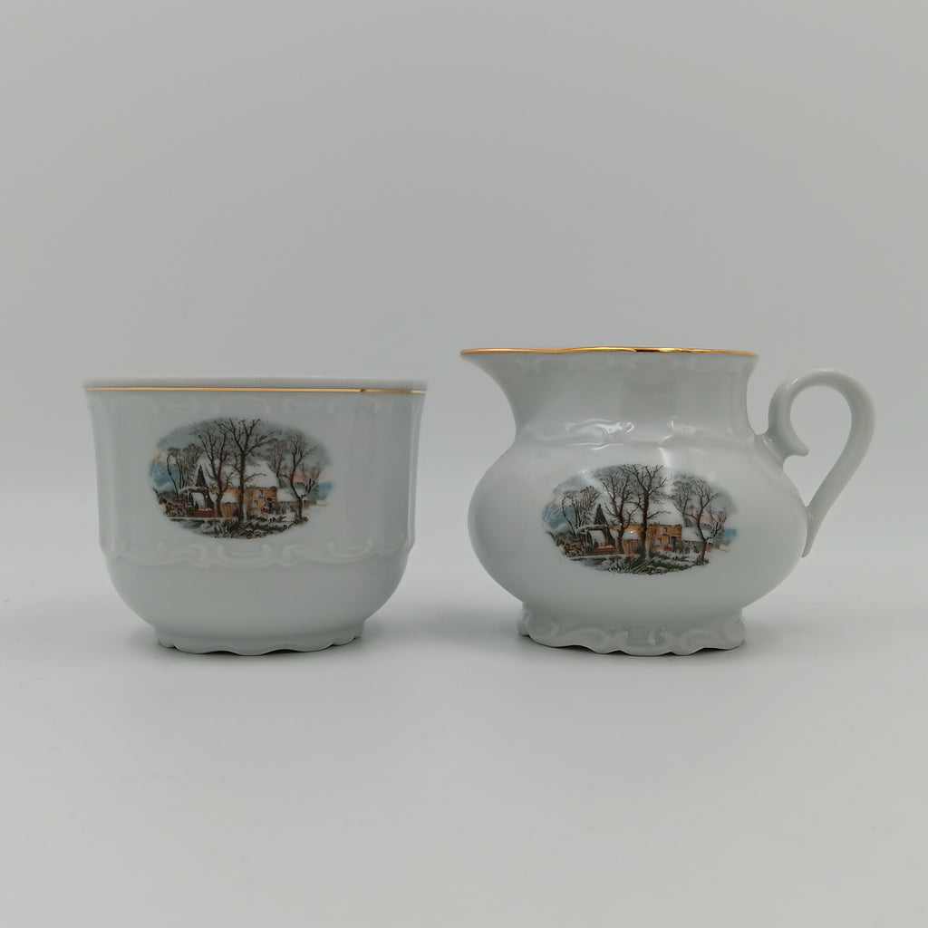 Avon Collector Tea Set – Crown Bavaria Winter Scene Grist Mill, Vintage Porcelain China
