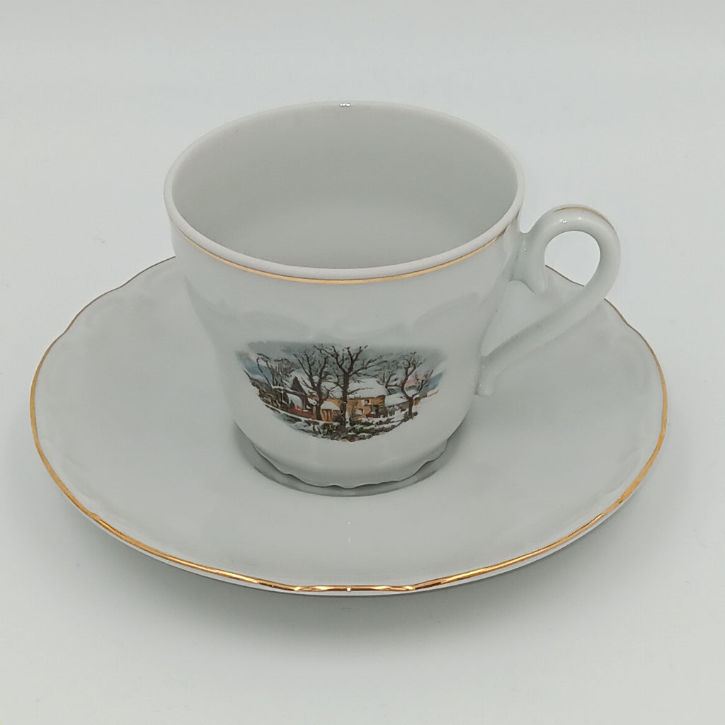 Avon Collector Tea Set – Crown Bavaria Winter Scene Grist Mill, Vintage Porcelain China
