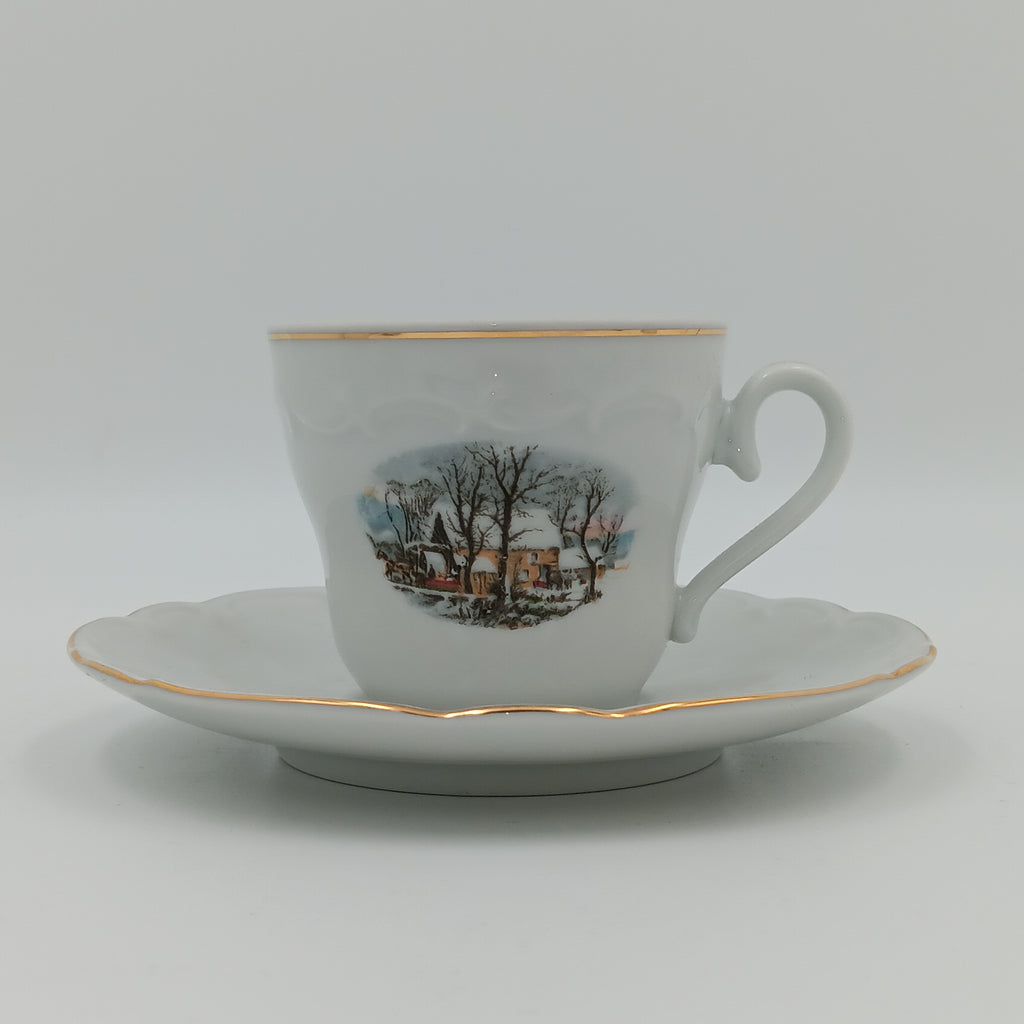 Avon Collector Tea Set – Crown Bavaria Winter Scene Grist Mill, Vintage Porcelain China