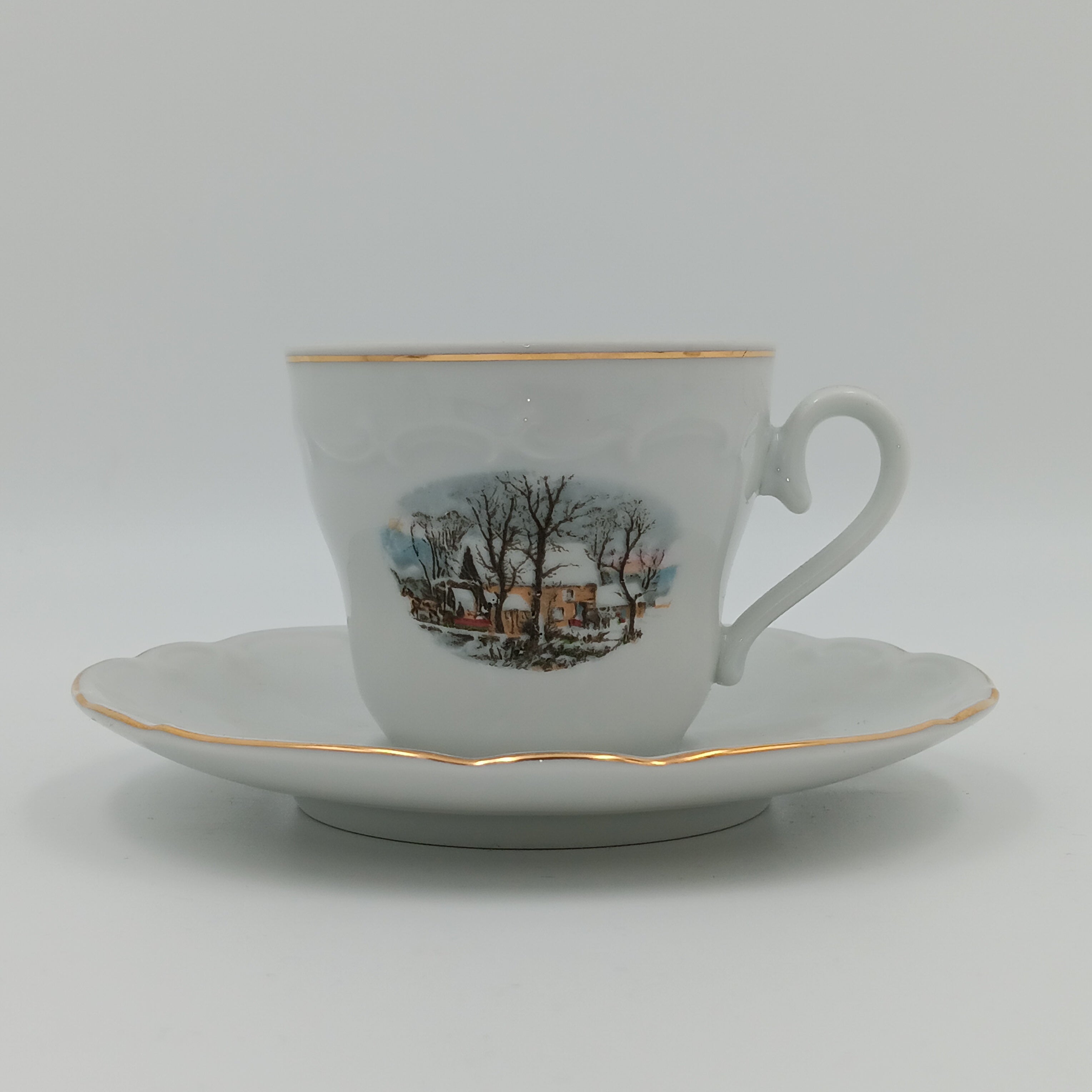 Avon Collector Tea Set – Crown Bavaria Winter Scene Grist Mill, Vintage Porcelain China
