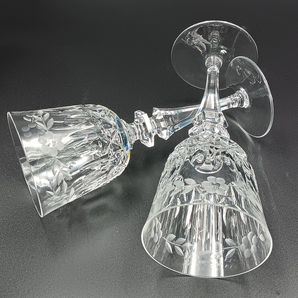 Vintage Crystal Wine Goblet - Etched Floral Design