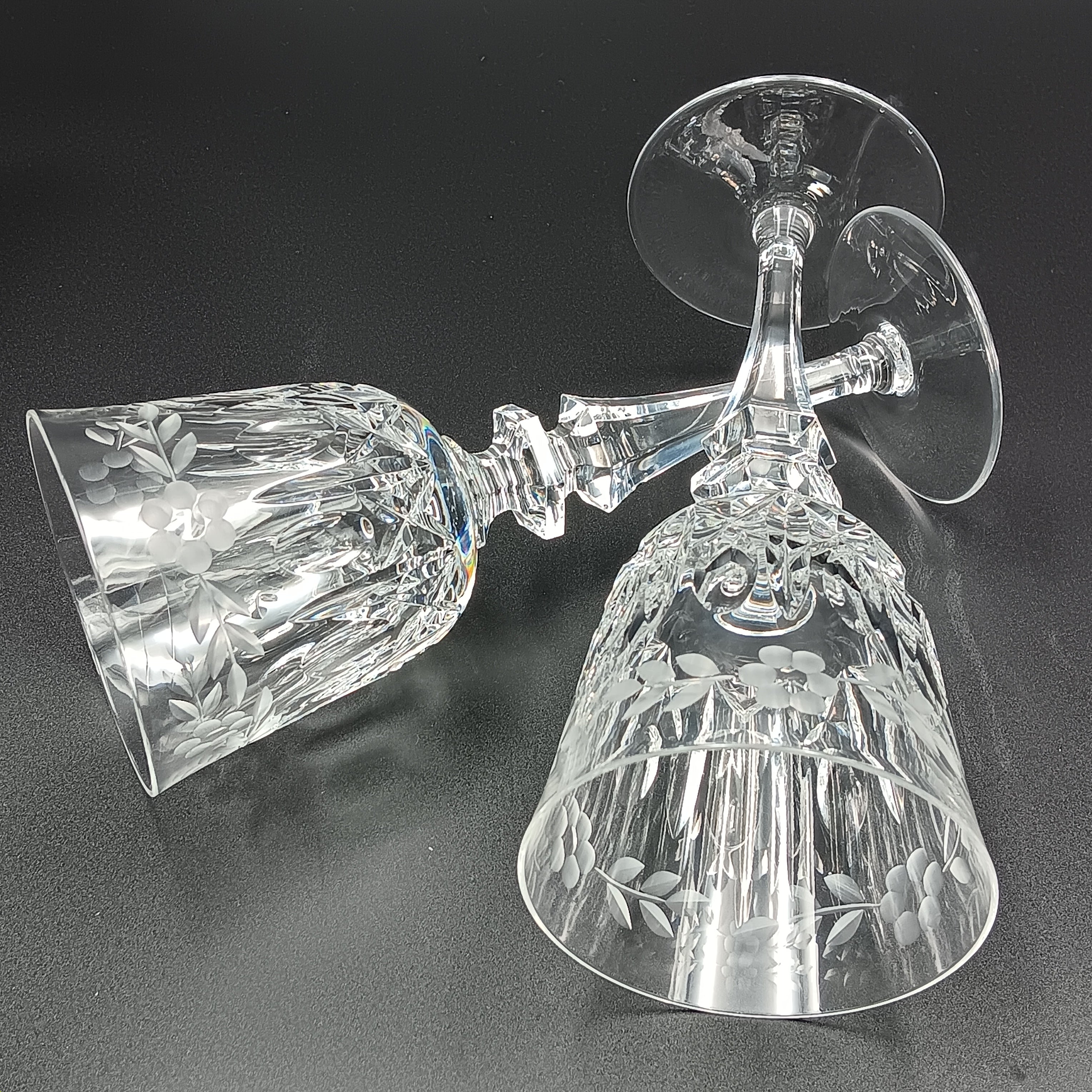 Vintage Crystal Wine Goblet - Etched Floral Design