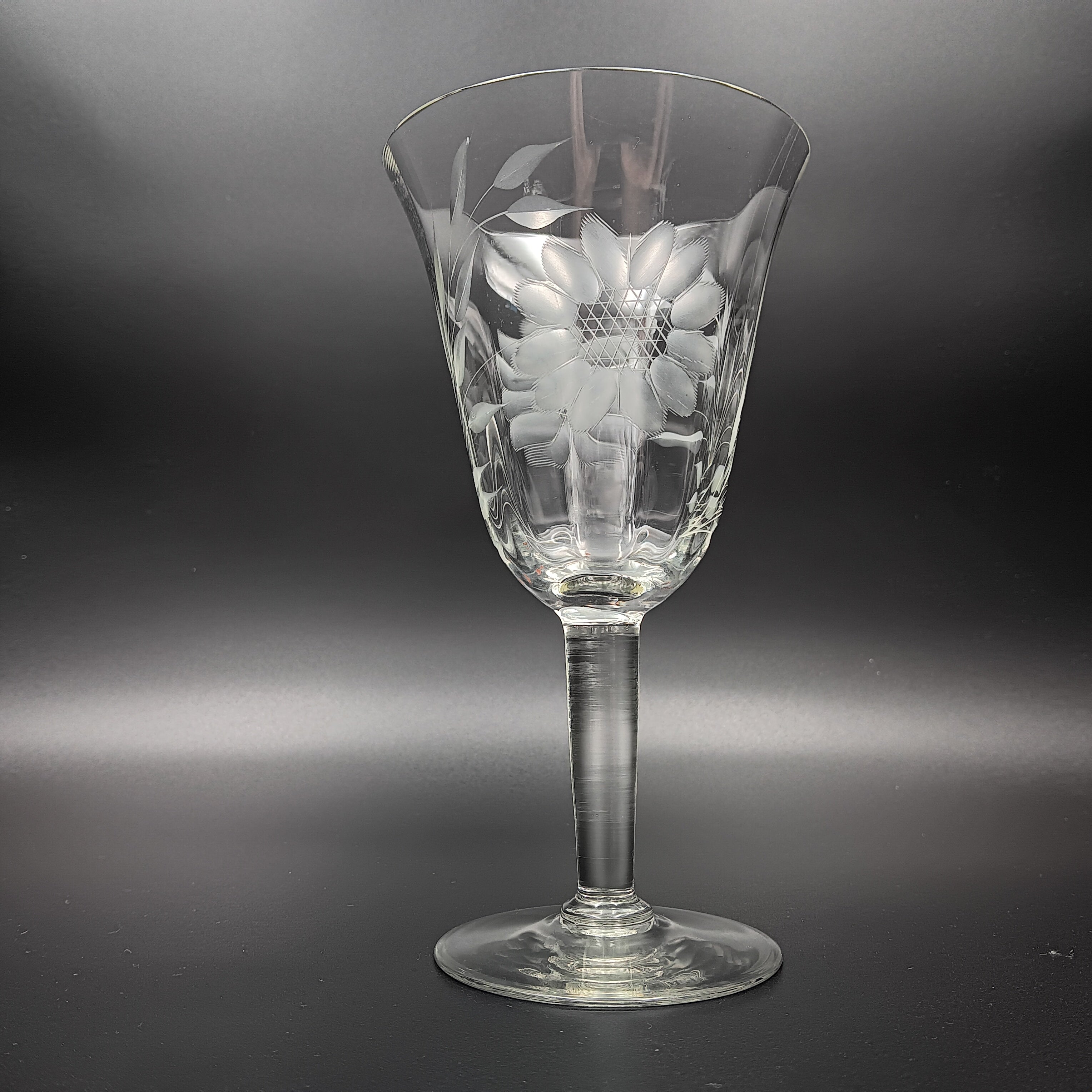 Vintage W J Hughes Cornflower crystal water goblet with smooth stem and hand-etched floral design