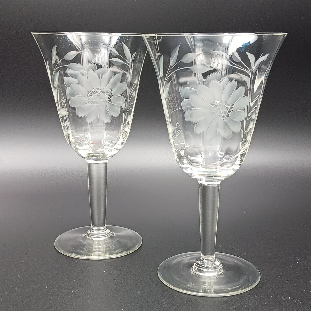 Vintage W J Hughes Cornflower crystal water goblet with smooth stem and hand-etched floral design