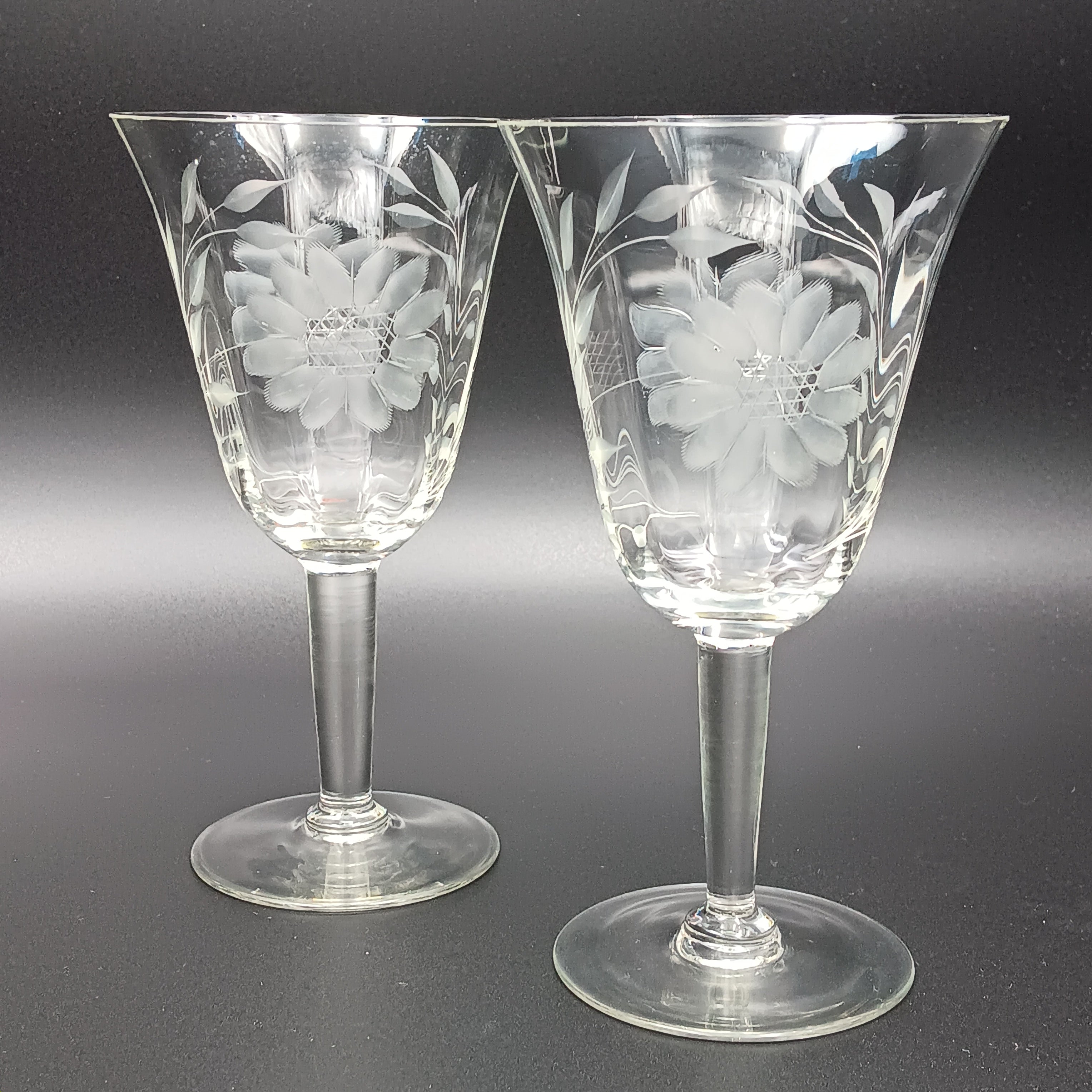 Vintage W J Hughes Cornflower crystal water goblet with smooth stem and hand-etched floral design