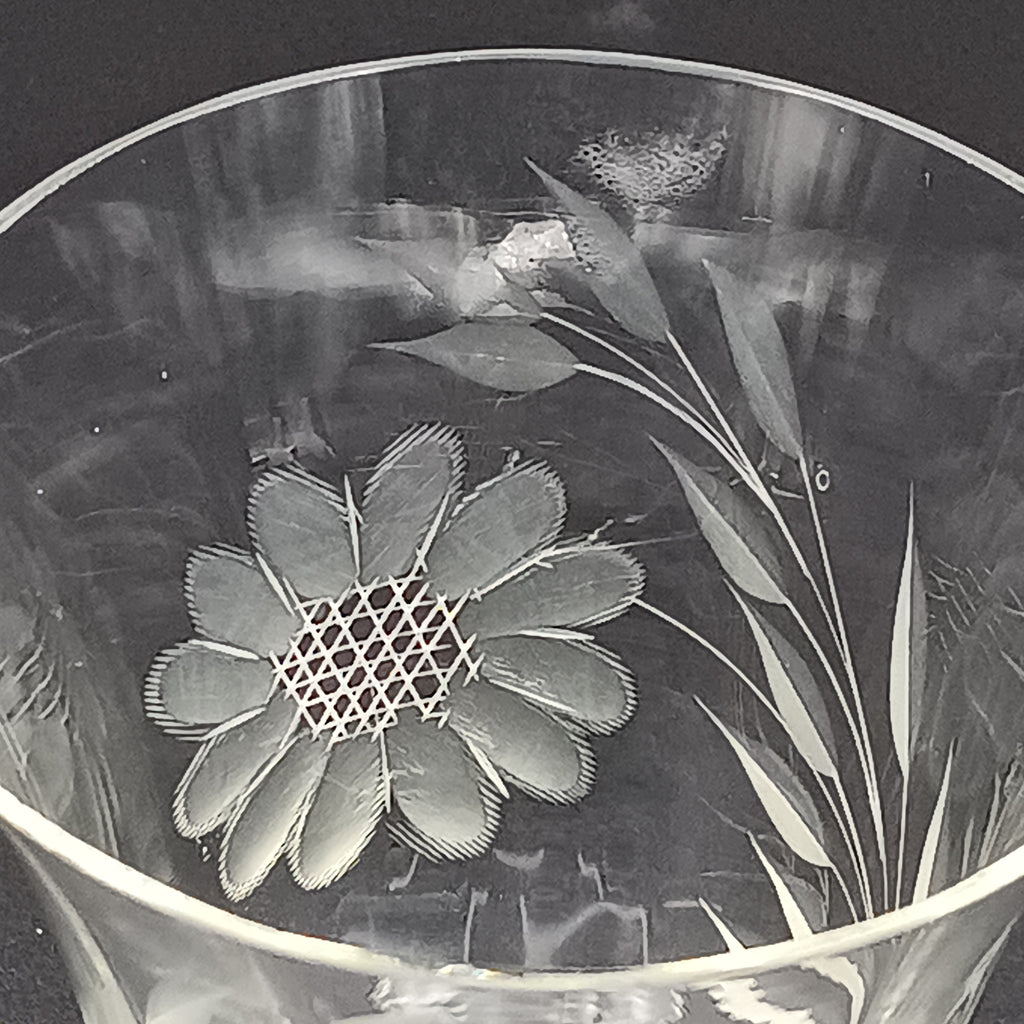 Vintage W J Hughes Cornflower crystal water goblet with smooth stem and hand-etched floral design