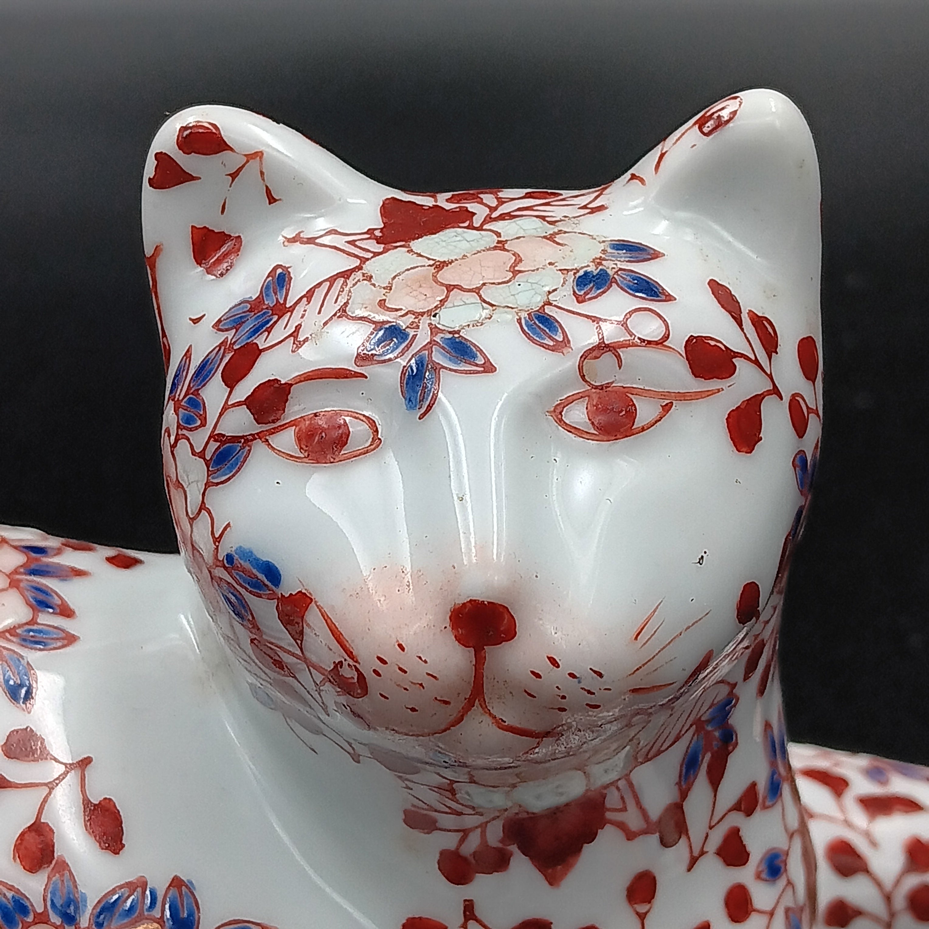 Japanese Vintage Porcelain Cat Figurine – Imari Floral, Takahashi Style, Collectible Decor