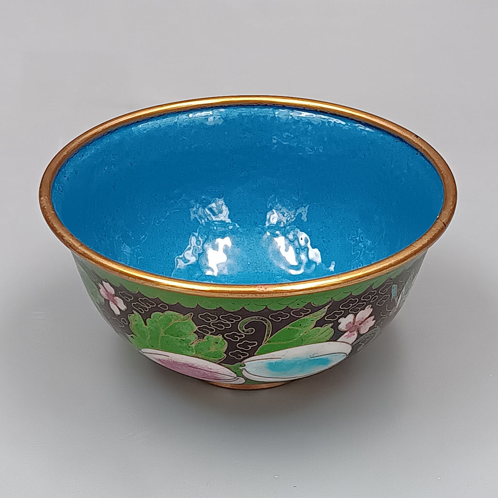 Mid-century Chinese cloisonné enamel bowl with blue interior and floral brass exterior, 5-inch diameter
