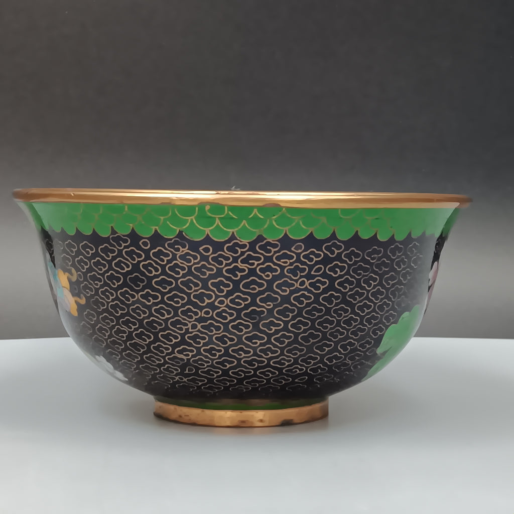 Mid-century Chinese cloisonné enamel bowl with blue interior and floral brass exterior, 5-inch diameter