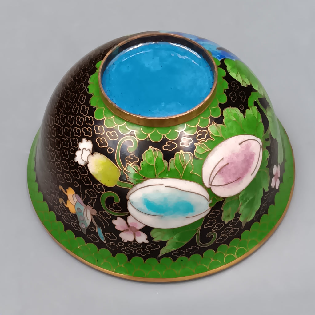 Mid-century Chinese cloisonné enamel bowl with blue interior and floral brass exterior, 5-inch diameter