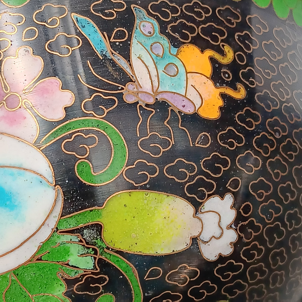 Mid-century Chinese cloisonné enamel bowl with blue interior and floral brass exterior, 5-inch diameter