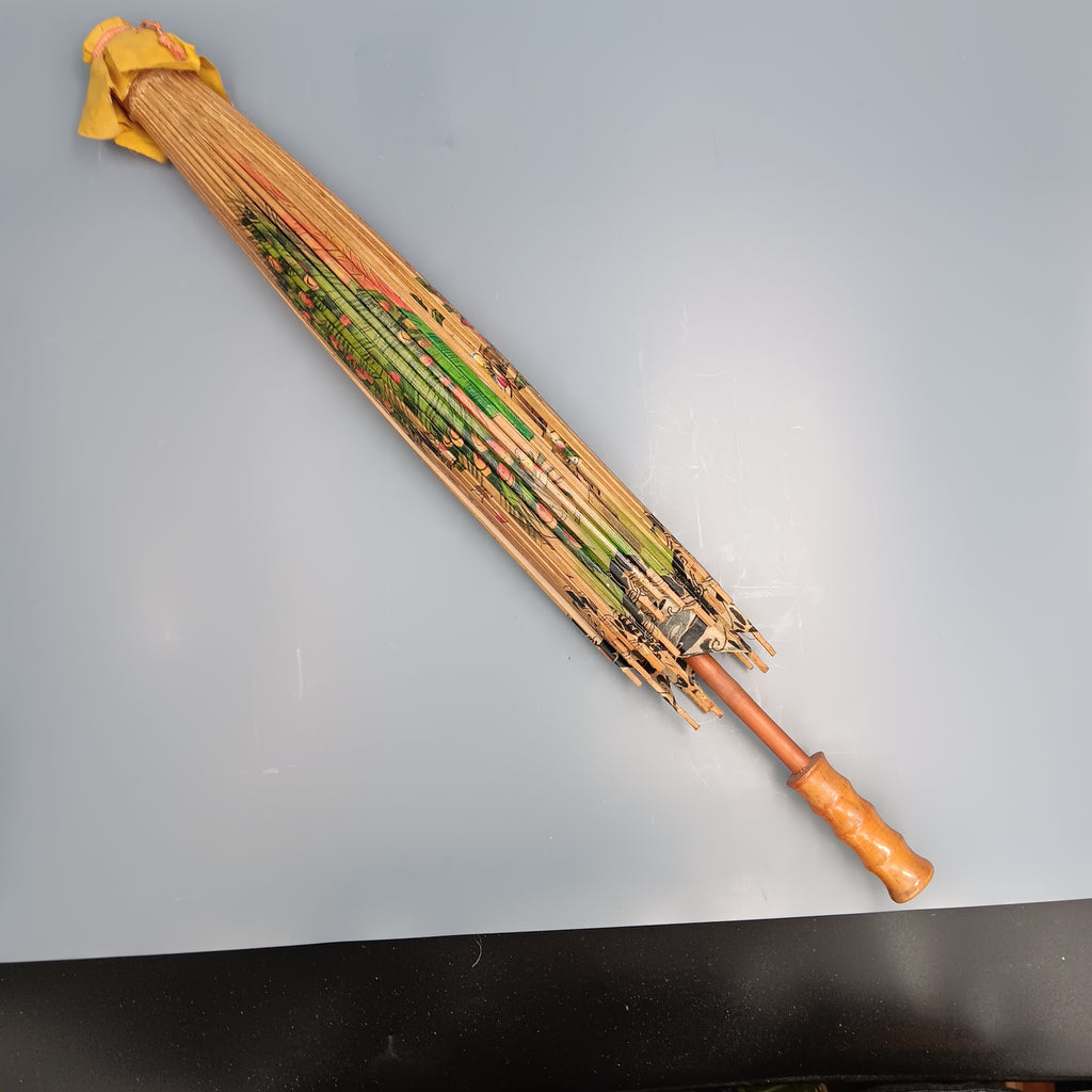 Vintage 1960s Japanese Bamboo & Rice Paper Parasol – Hand Painted