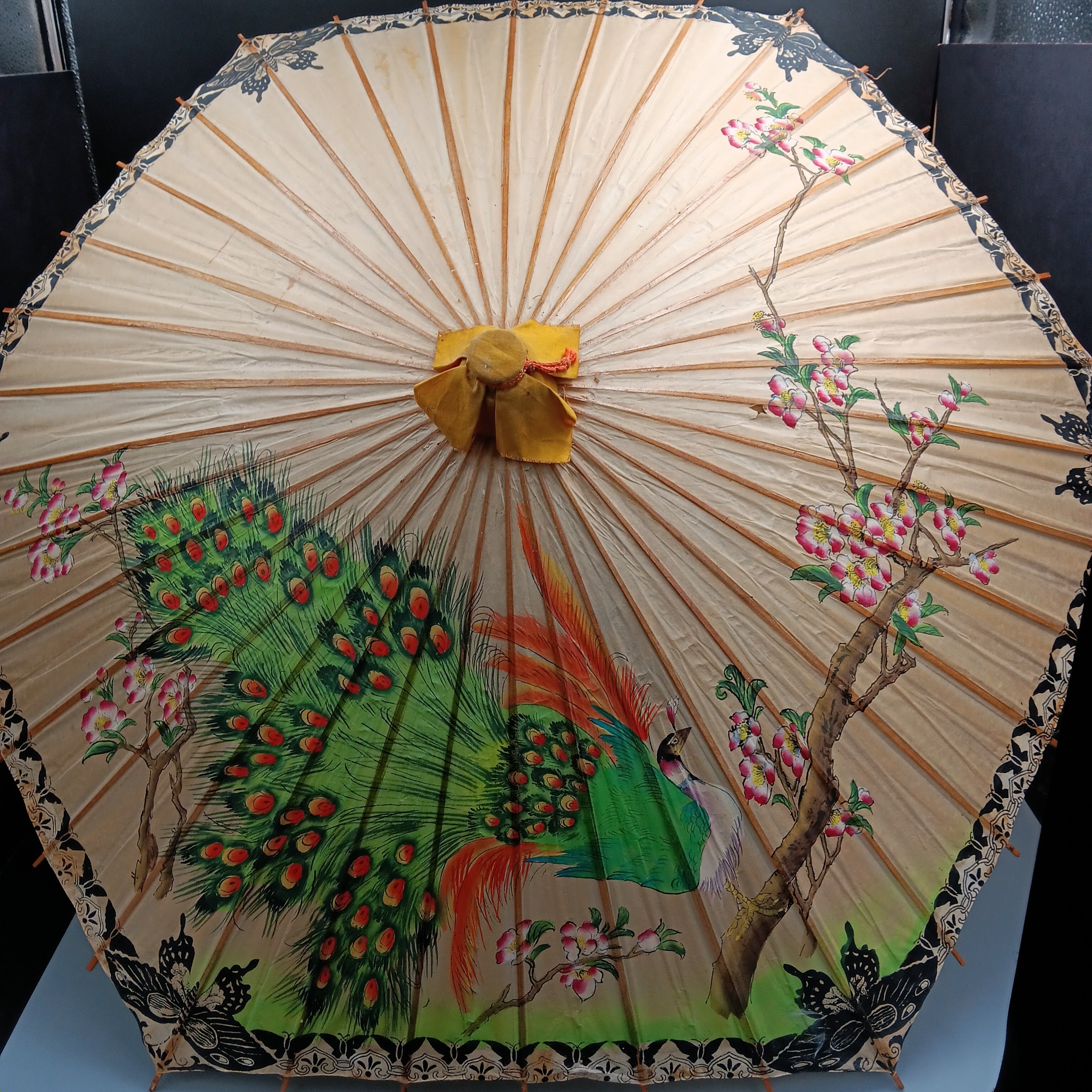 Vintage 1960s Japanese Bamboo & Rice Paper Parasol – Hand Painted