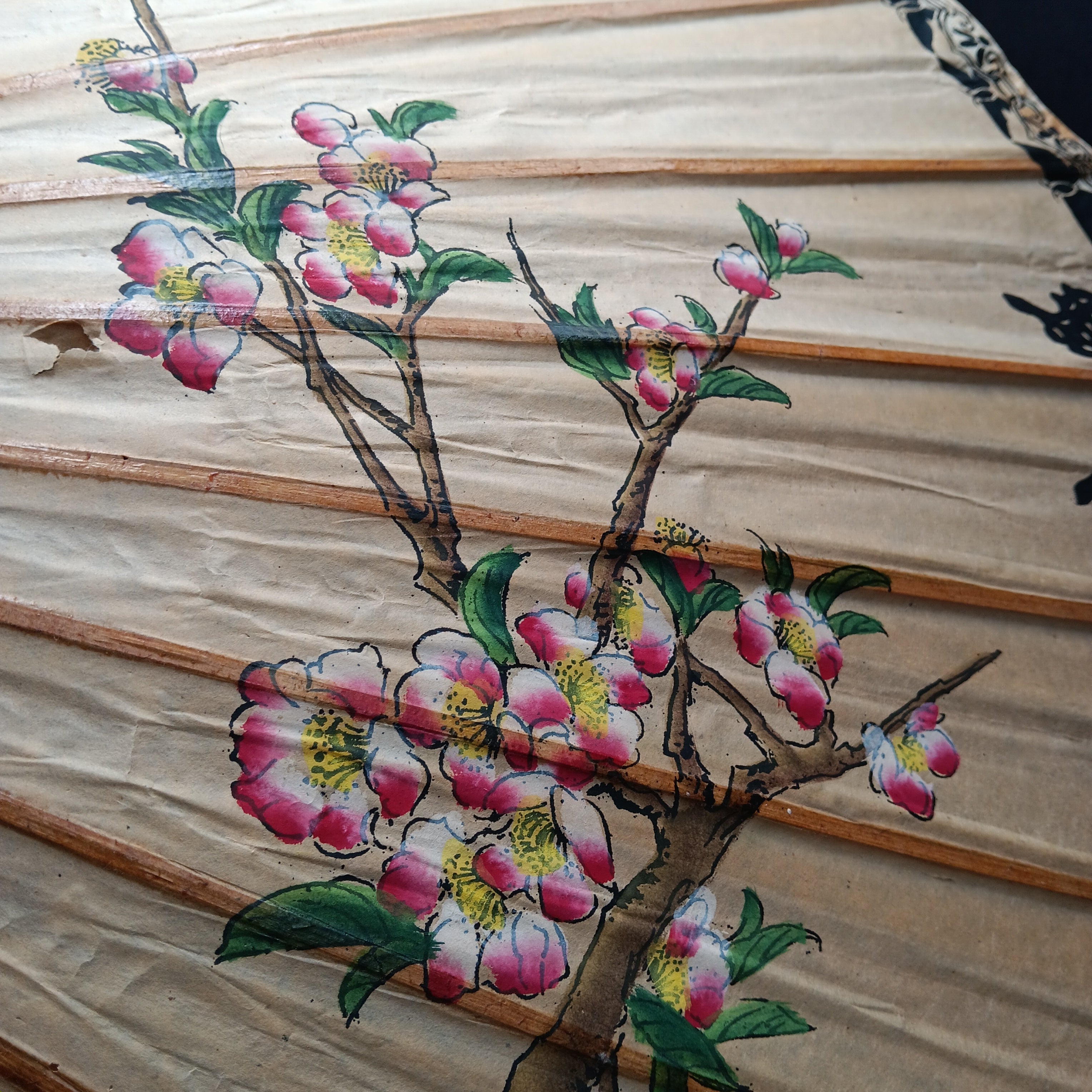 Vintage 1960s Japanese Bamboo & Rice Paper Parasol – Hand Painted