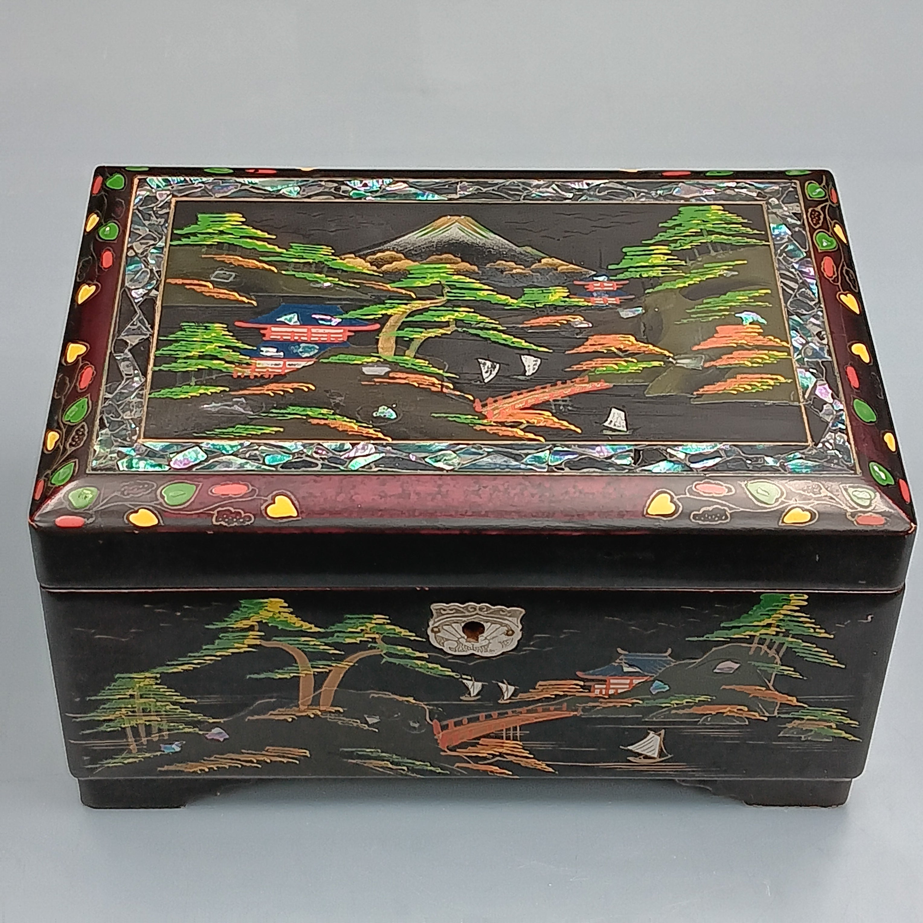 Vintage Musical Japanese Lacquer Jewelry Box with Hand-Painted Design & Abalone Inlay