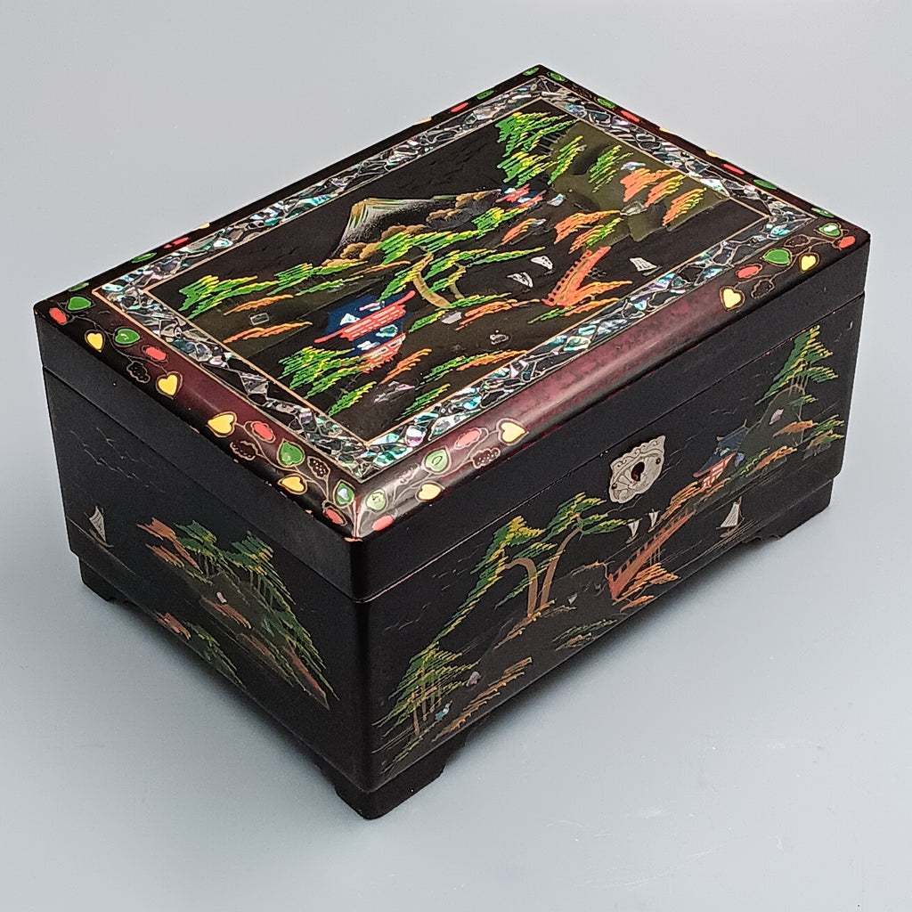 Vintage Musical Japanese Lacquer Jewelry Box with Hand-Painted Design & Abalone Inlay