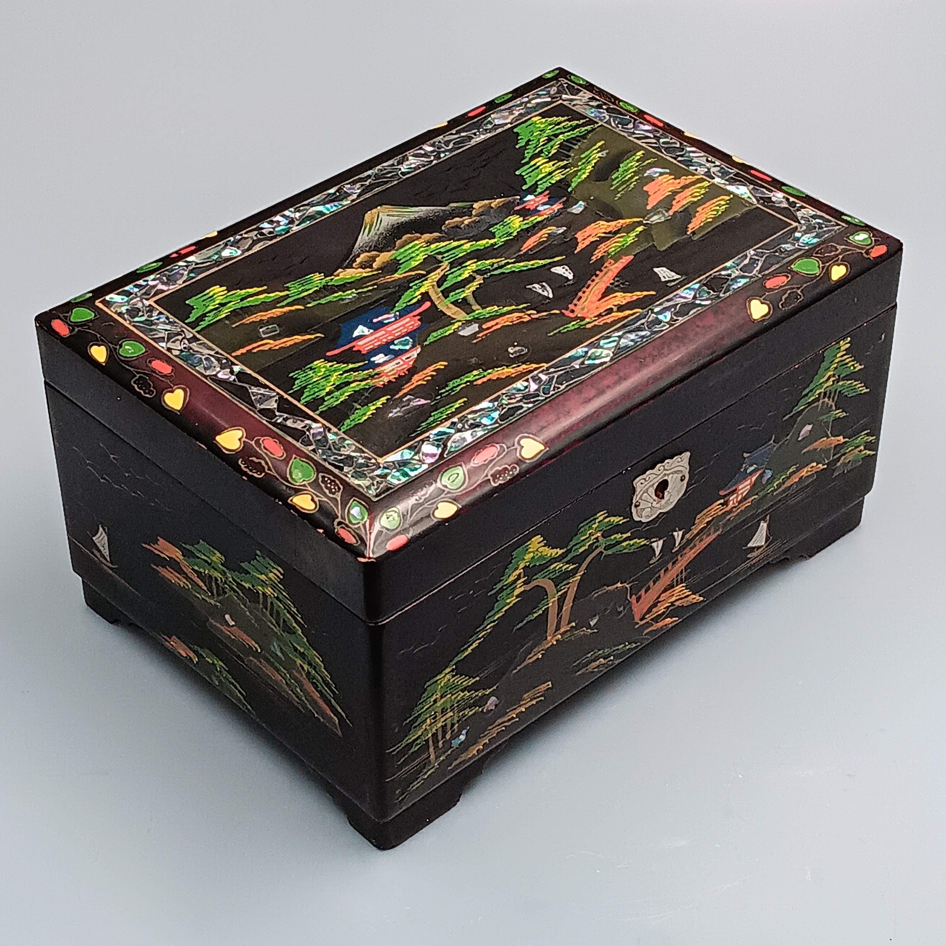 Vintage Musical Japanese Lacquer Jewelry Box with Hand-Painted Design & Abalone Inlay