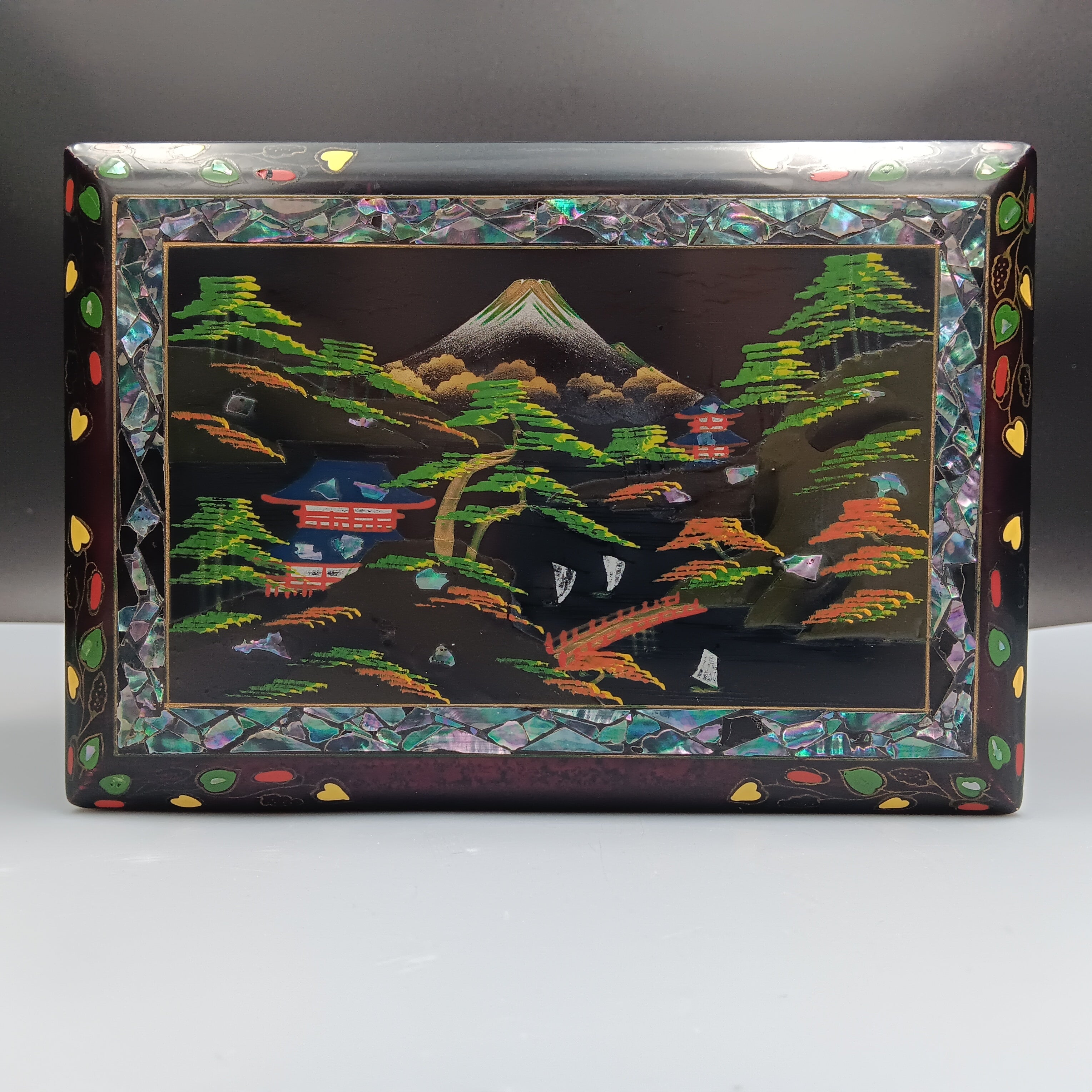 Vintage Musical Japanese Lacquer Jewelry Box with Hand-Painted Design & Abalone Inlay