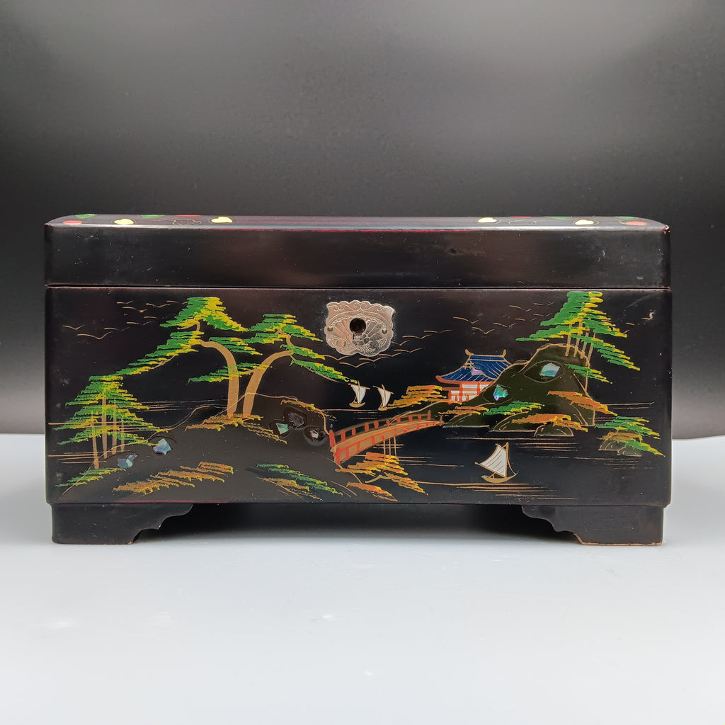 Vintage Musical Japanese Lacquer Jewelry Box with Hand-Painted Design & Abalone Inlay