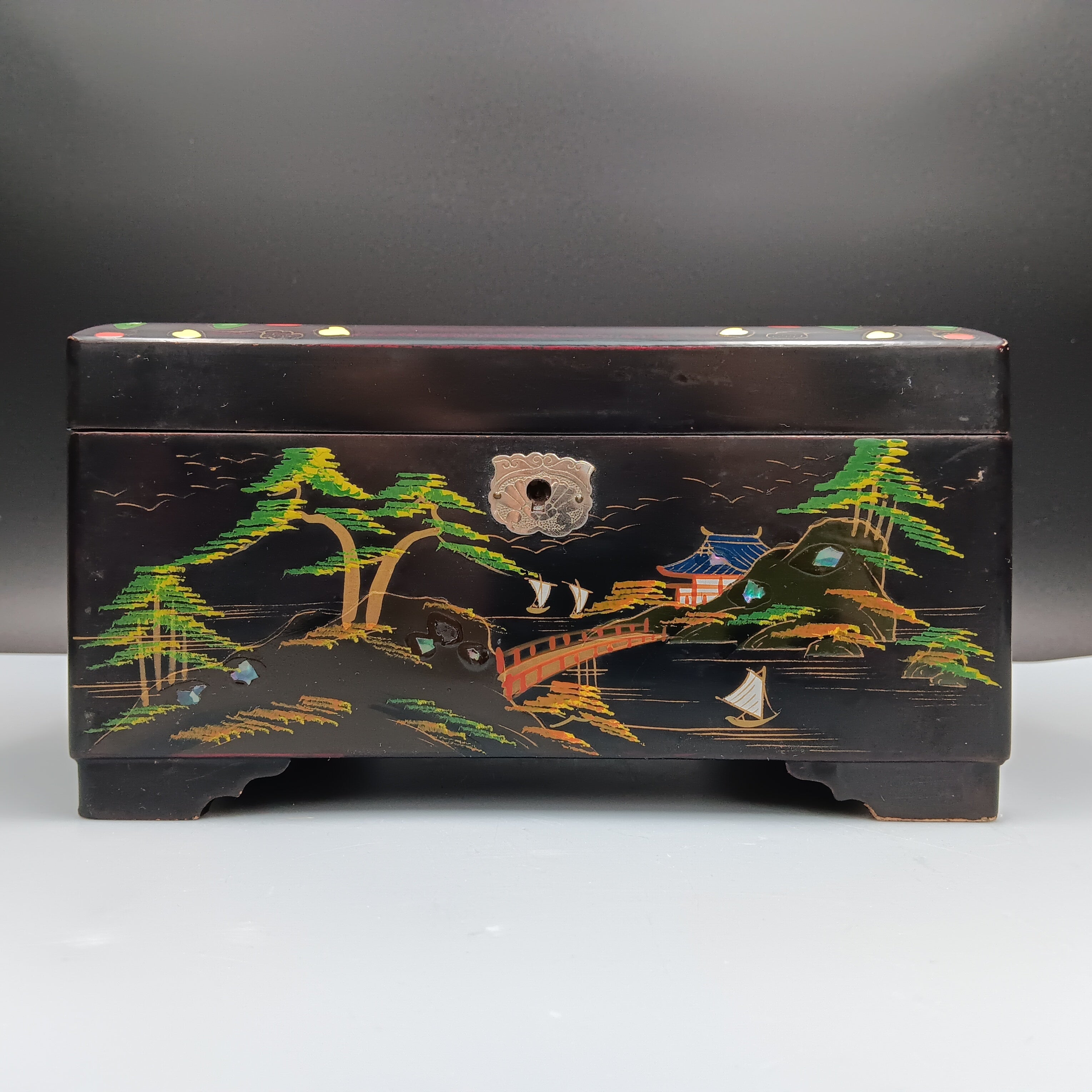 Vintage Musical Japanese Lacquer Jewelry Box with Hand-Painted Design & Abalone Inlay
