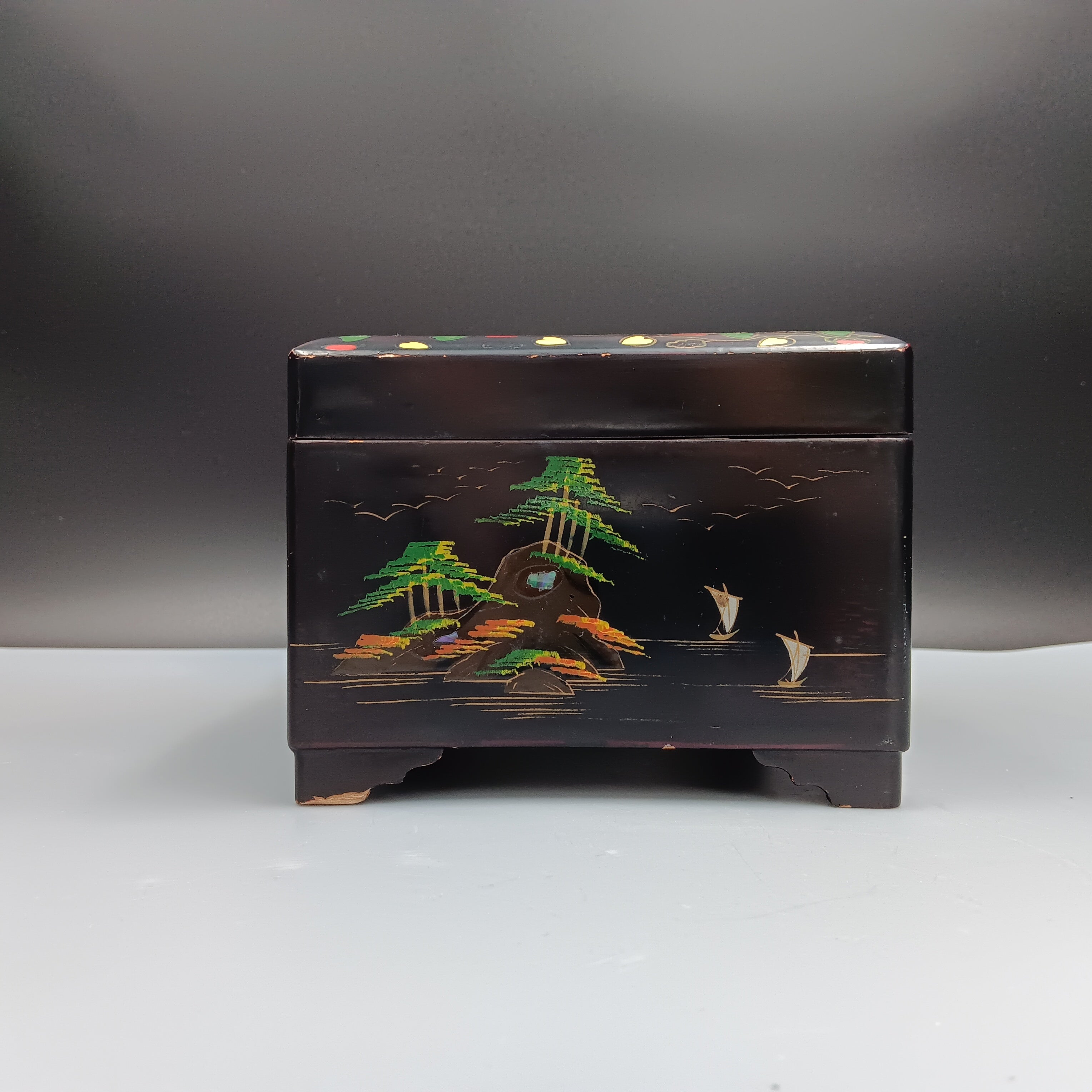 Vintage Musical Japanese Lacquer Jewelry Box with Hand-Painted Design & Abalone Inlay