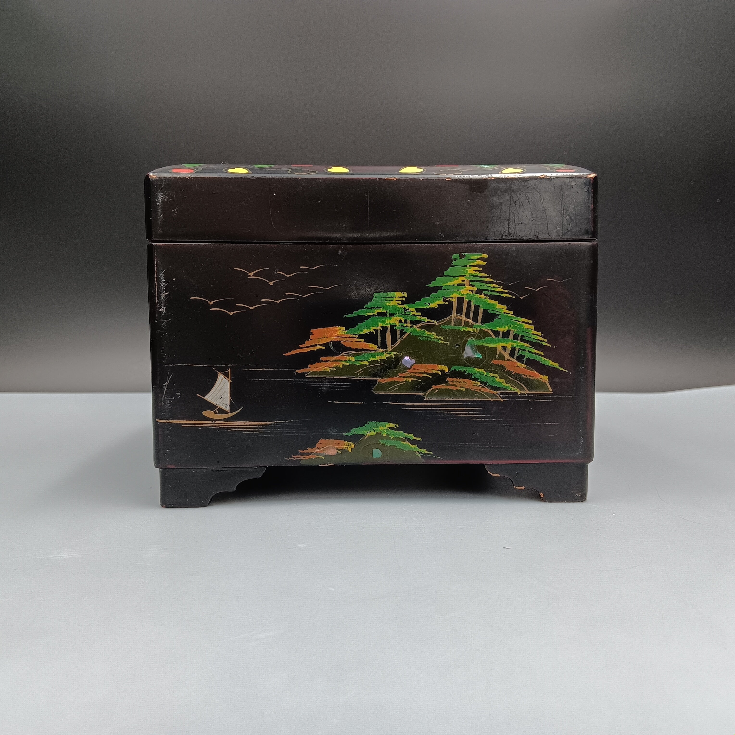 Vintage Musical Japanese Lacquer Jewelry Box with Hand-Painted Design & Abalone Inlay