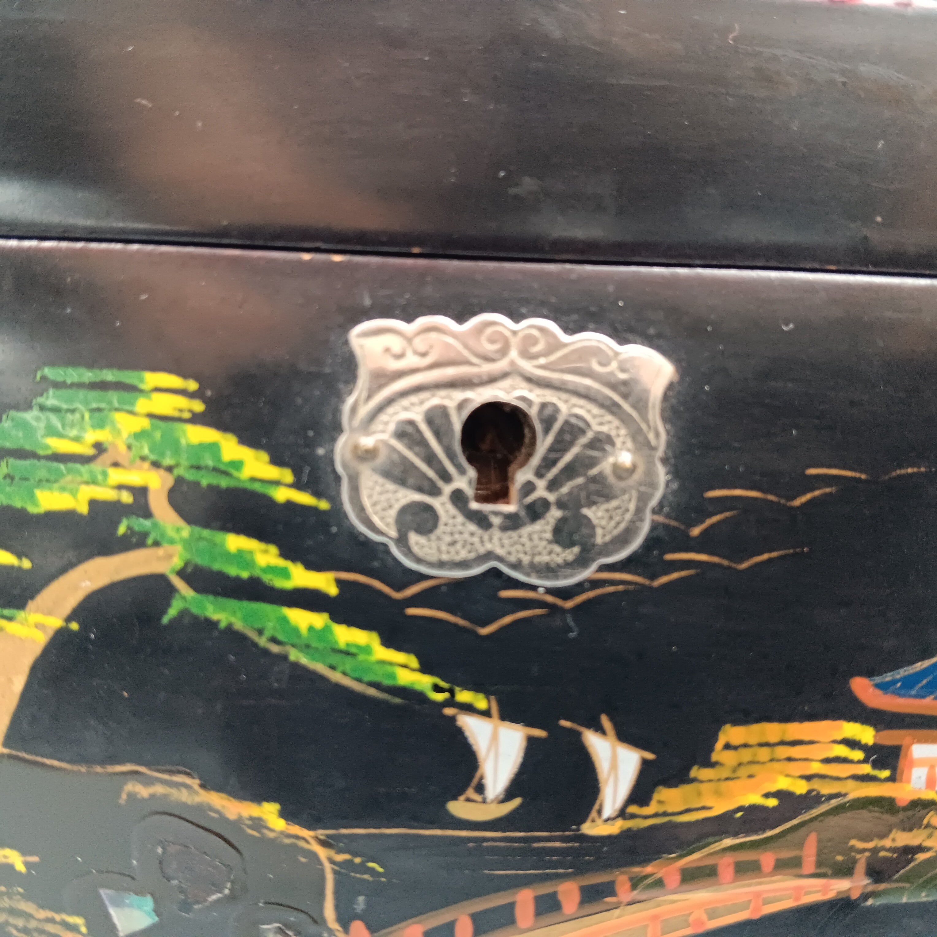 Vintage Musical Japanese Lacquer Jewelry Box with Hand-Painted Design & Abalone Inlay