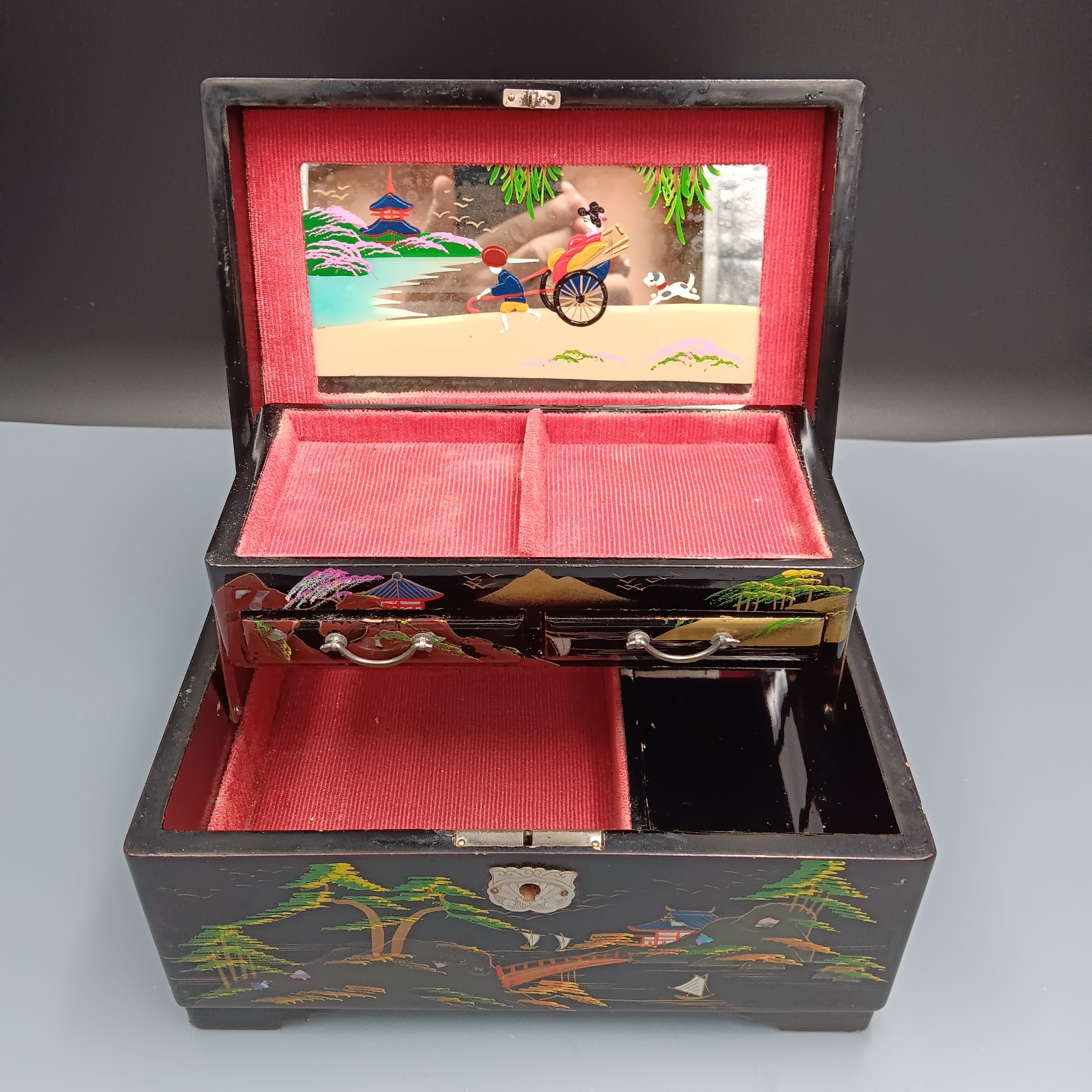 Vintage Musical Japanese Lacquer Jewelry Box with Hand-Painted Design & Abalone Inlay