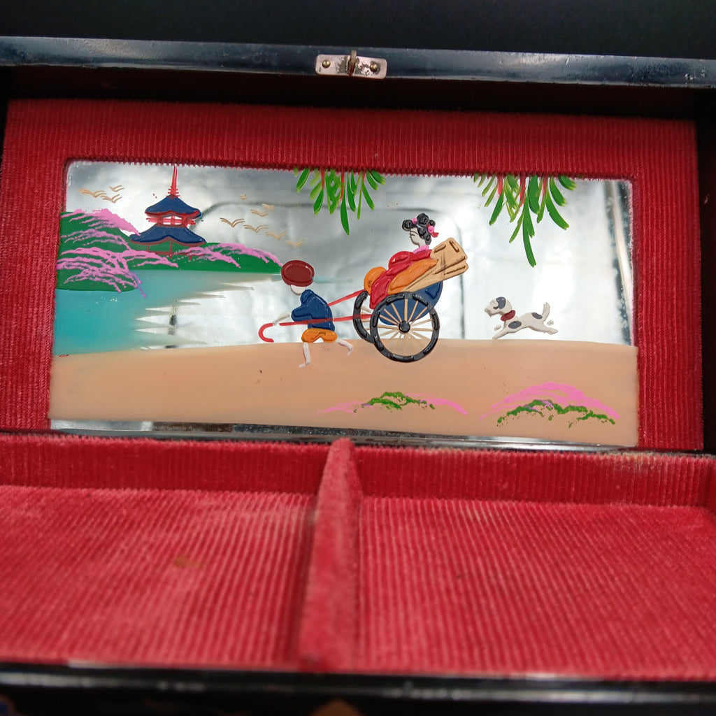 Vintage Musical Japanese Lacquer Jewelry Box with Hand-Painted Design & Abalone Inlay