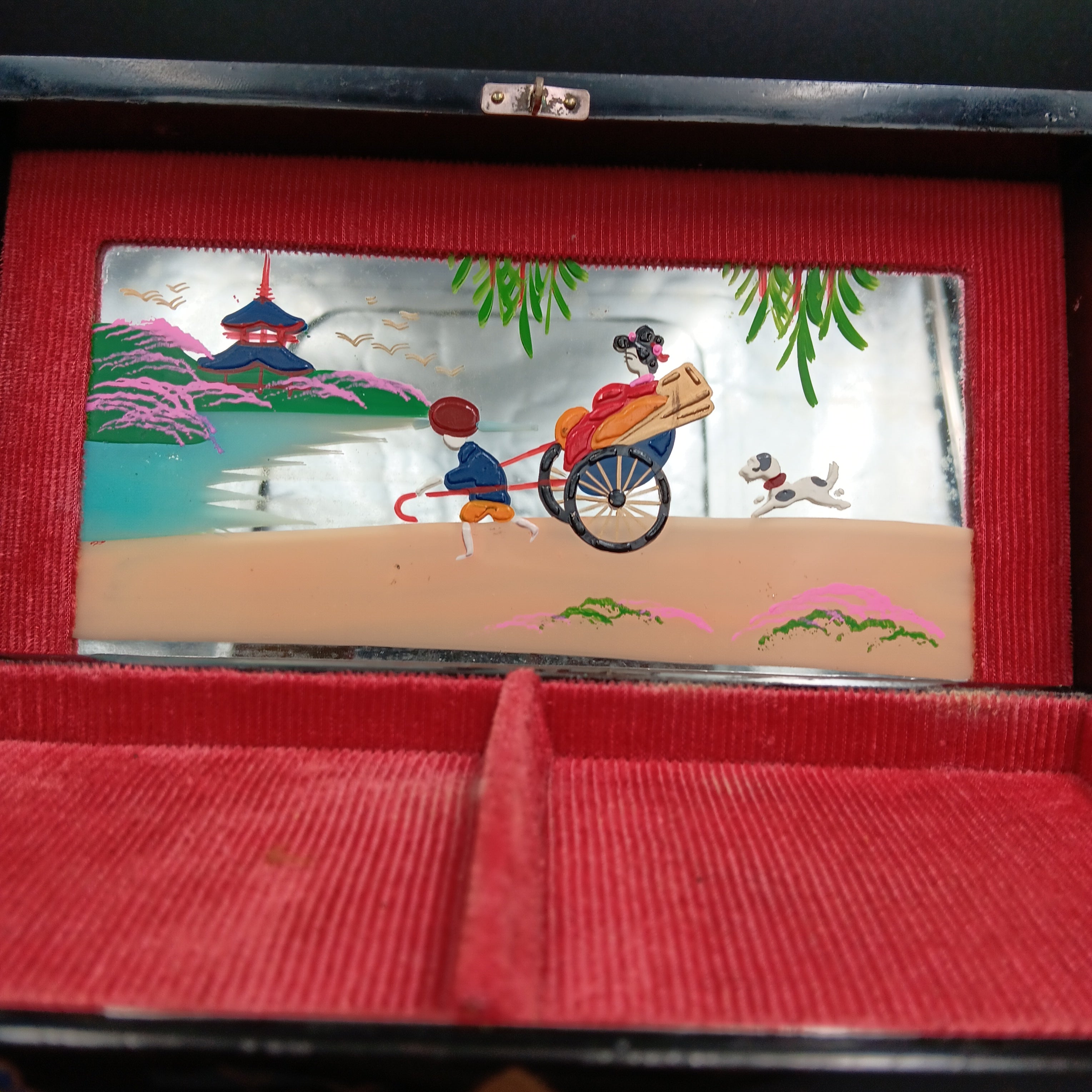 Vintage Musical Japanese Lacquer Jewelry Box with Hand-Painted Design & Abalone Inlay