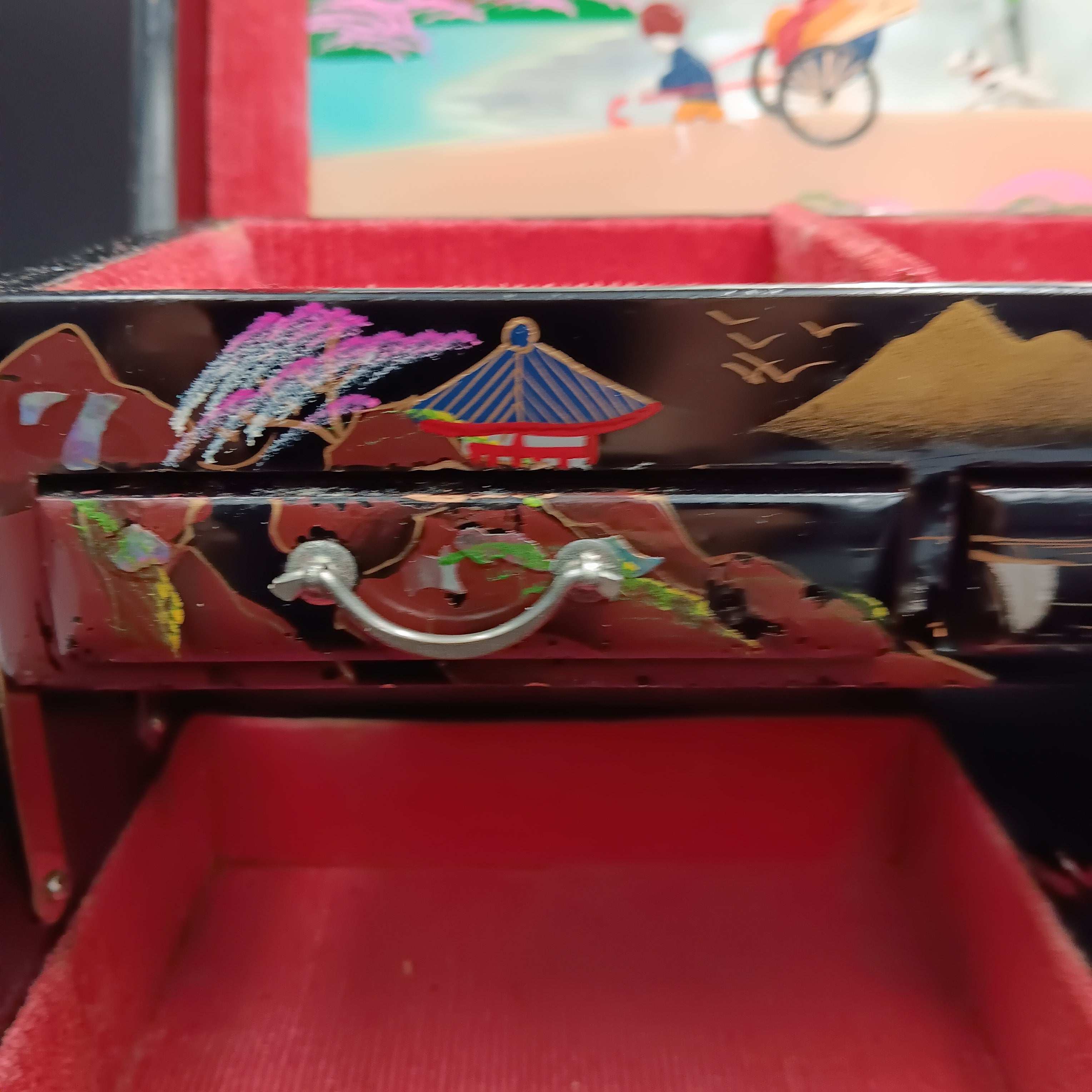 Vintage Musical Japanese Lacquer Jewelry Box with Hand-Painted Design & Abalone Inlay