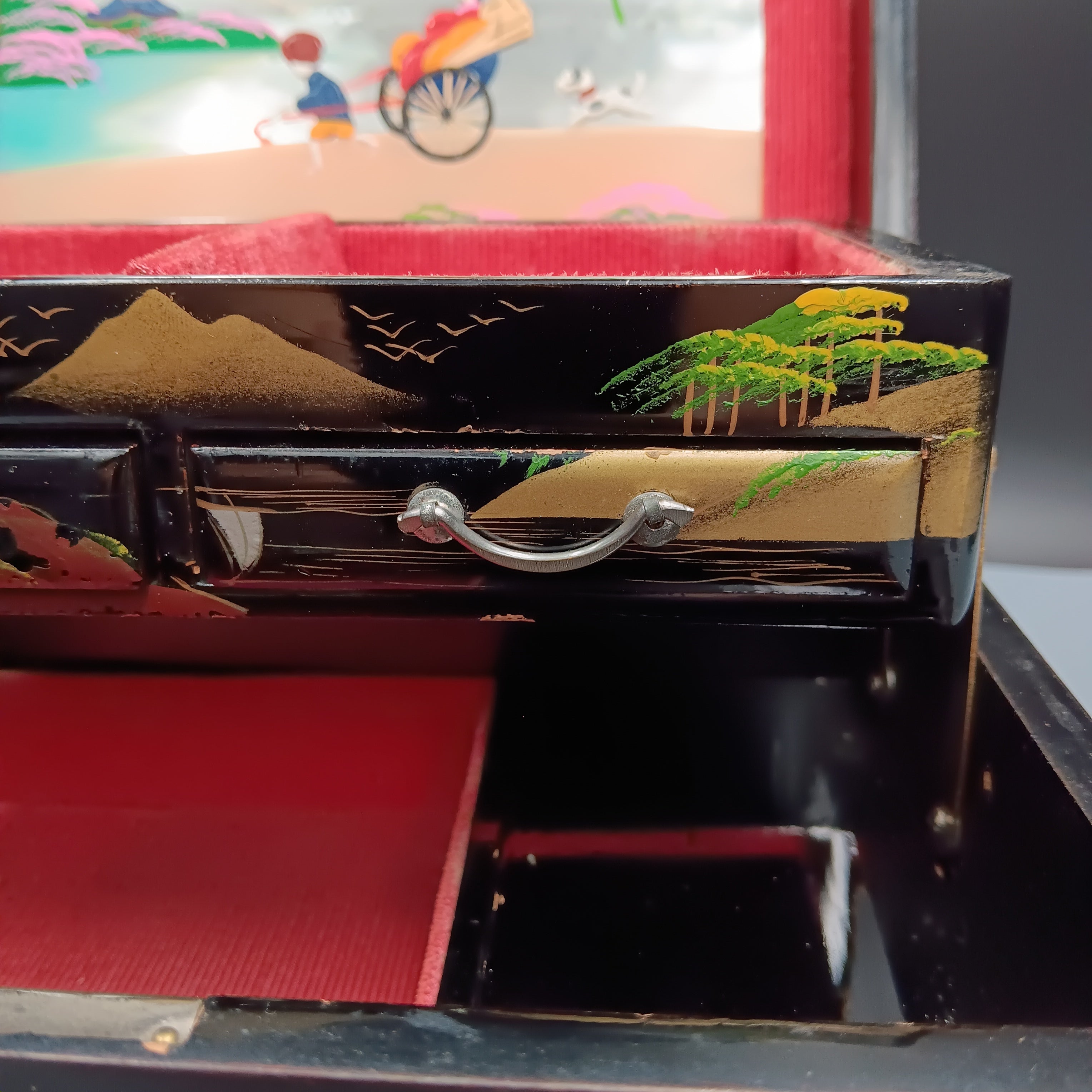 Vintage Musical Japanese Lacquer Jewelry Box with Hand-Painted Design & Abalone Inlay