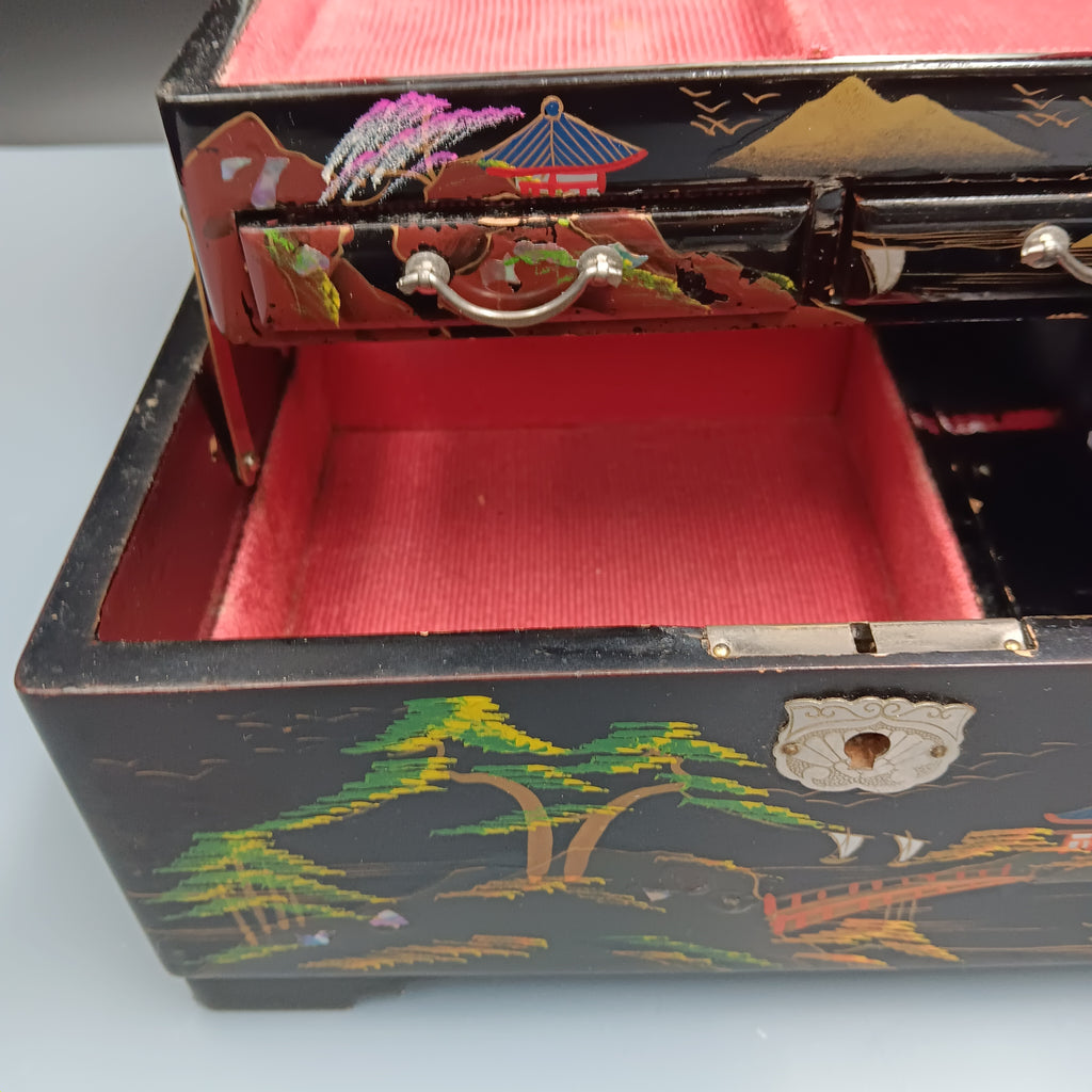 Vintage Musical Japanese Lacquer Jewelry Box with Hand-Painted Design & Abalone Inlay