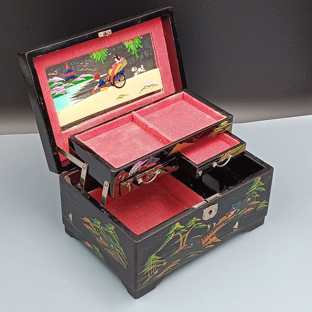 Vintage Musical Japanese Lacquer Jewelry Box with Hand-Painted Design & Abalone Inlay